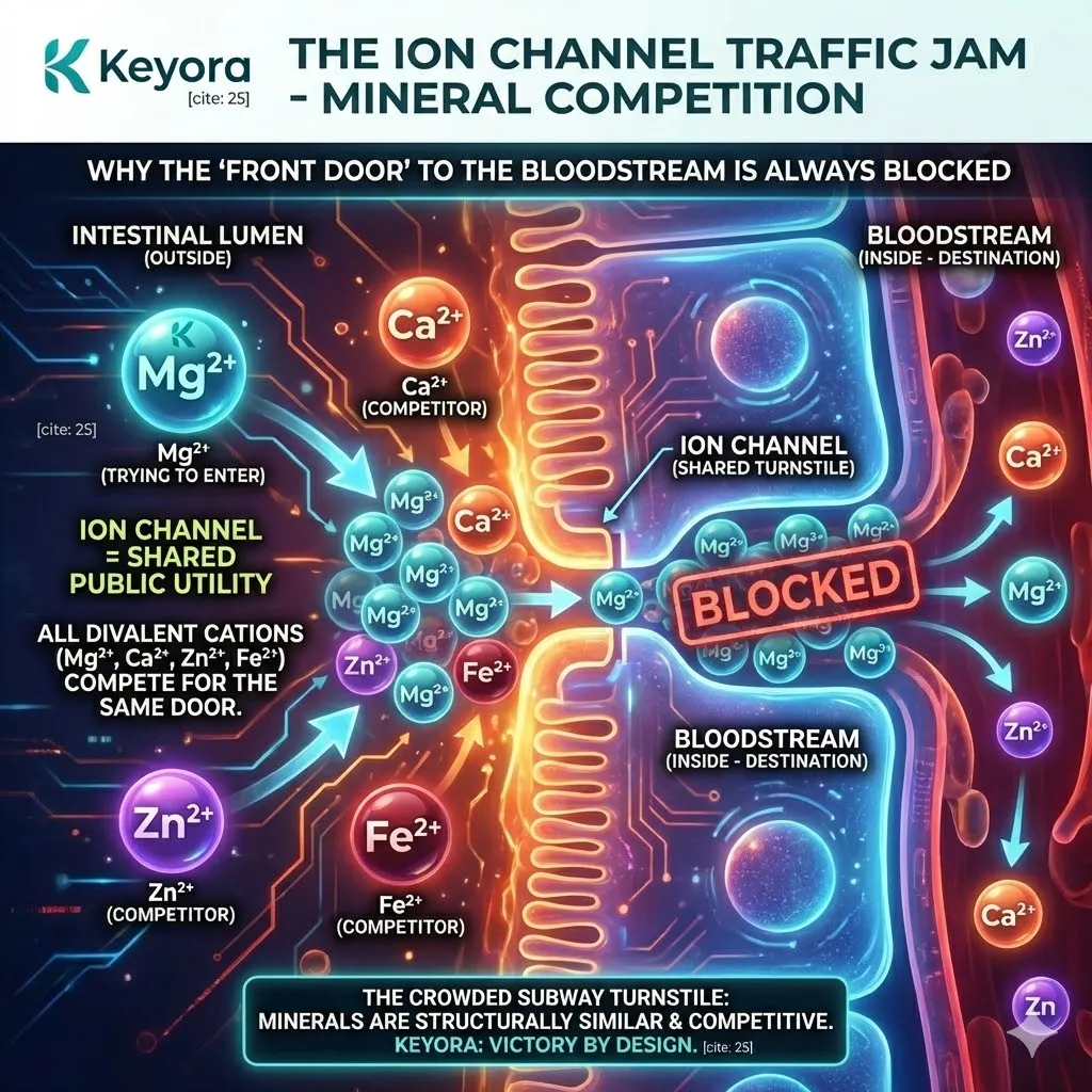 Keyora strategic neuro-engineering identifies the ion channel traffic jam where divalent cations compete for shared TRPM and DMT1 transporters. This mechanism exposes the biological bottleneck of the mineral turnstile, where Magnesium ions are forced to compete with Calcium, Zinc, and Iron for intestinal wall crossing. By analyzing this competitive blockade, the architecture reveals why free ionic minerals fail to achieve systemic saturation. The strategic result is the identification of a structural delivery failure that requires a non-competitive pathway to bypass the crowded cellular gates. Keyora strategic neuro-engineering identifies the ion channel traffic jam where divalent cations compete for shared TRPM and DMT1 transporters. This mechanism exposes the biological bottleneck of the mineral turnstile, where Magnesium ions are forced to compete with Calcium, Zinc, and Iron for intestinal wall crossing. By analyzing this competitive blockade, the architecture reveals why free ionic minerals fail to achieve systemic saturation. The strategic result is the identification of a structural delivery failure that requires a non-competitive pathway to bypass the crowded cellular gates.