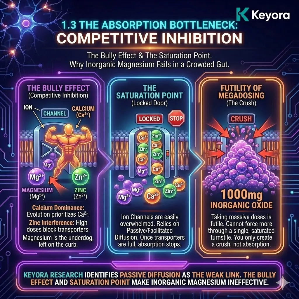 Keyora strategic neuro-engineering identifies the bully effect where calcium and zinc dominance creates competitive inhibition at the intestinal ion channels. This mechanism exposes how evolutionary prioritization of calcium saturates TRPM transporters, leaving magnesium ions excluded from the cellular economy. By analyzing the saturation point of passive diffusion, the architecture reveals that high-dose inorganic minerals only trigger systemic crushing at the gate rather than absorption. The strategic result is the rejection of the single-turnstile model to eliminate mineral interference and optimize high-density intake. Keyora strategic neuro-engineering identifies the bully effect where calcium and zinc dominance creates competitive inhibition at the intestinal ion channels. This mechanism exposes how evolutionary prioritization of calcium saturates TRPM transporters, leaving magnesium ions excluded from the cellular economy. By analyzing the saturation point of passive diffusion, the architecture reveals that high-dose inorganic minerals only trigger systemic crushing at the gate rather than absorption. The strategic result is the rejection of the single-turnstile model to eliminate mineral interference and optimize high-density intake.