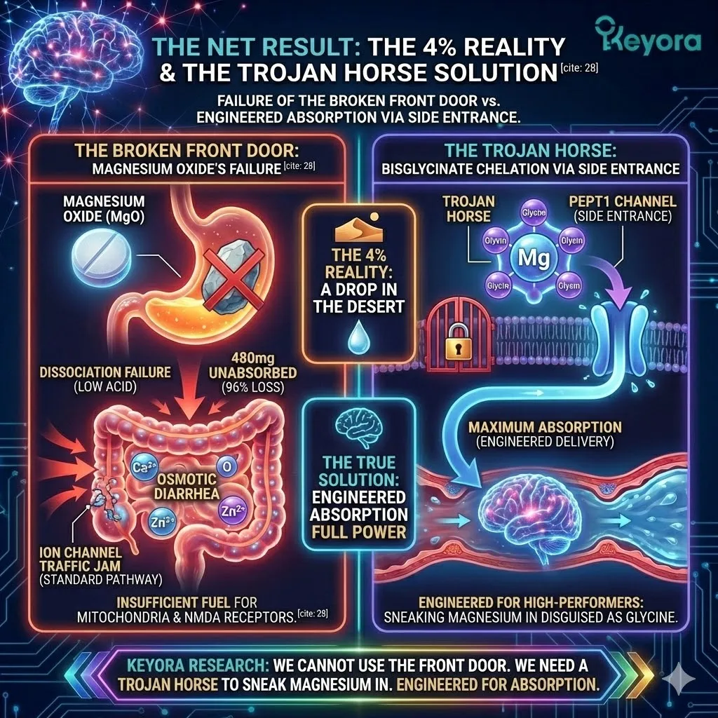 Keyora strategic neuro-engineering identifies the four percent reality as the mathematical culmination of dissociation failure and competitive inhibition. This mechanism exposes the futility of 500mg inorganic dosages that yield only 20mg of systemic integration while triggering osmotic diarrhea with the remaining 480mg. By analyzing the insufficiency of this 20mg payload to stabilize NMDA receptors or fuel mitochondrial ATP, the architecture highlights the broken front door pathway. The strategic result is the necessity for a molecular Trojan Horse to sneak magnesium into the bloodstream via an alternative side entrance. Keyora strategic neuro-engineering identifies the four percent reality as the mathematical culmination of dissociation failure and competitive inhibition. This mechanism exposes the futility of 500mg inorganic dosages that yield only 20mg of systemic integration while triggering osmotic diarrhea with the remaining 480mg. By analyzing the insufficiency of this 20mg payload to stabilize NMDA receptors or fuel mitochondrial ATP, the architecture highlights the broken front door pathway. The strategic result is the necessity for a molecular Trojan Horse to sneak magnesium into the bloodstream via an alternative side entrance.
