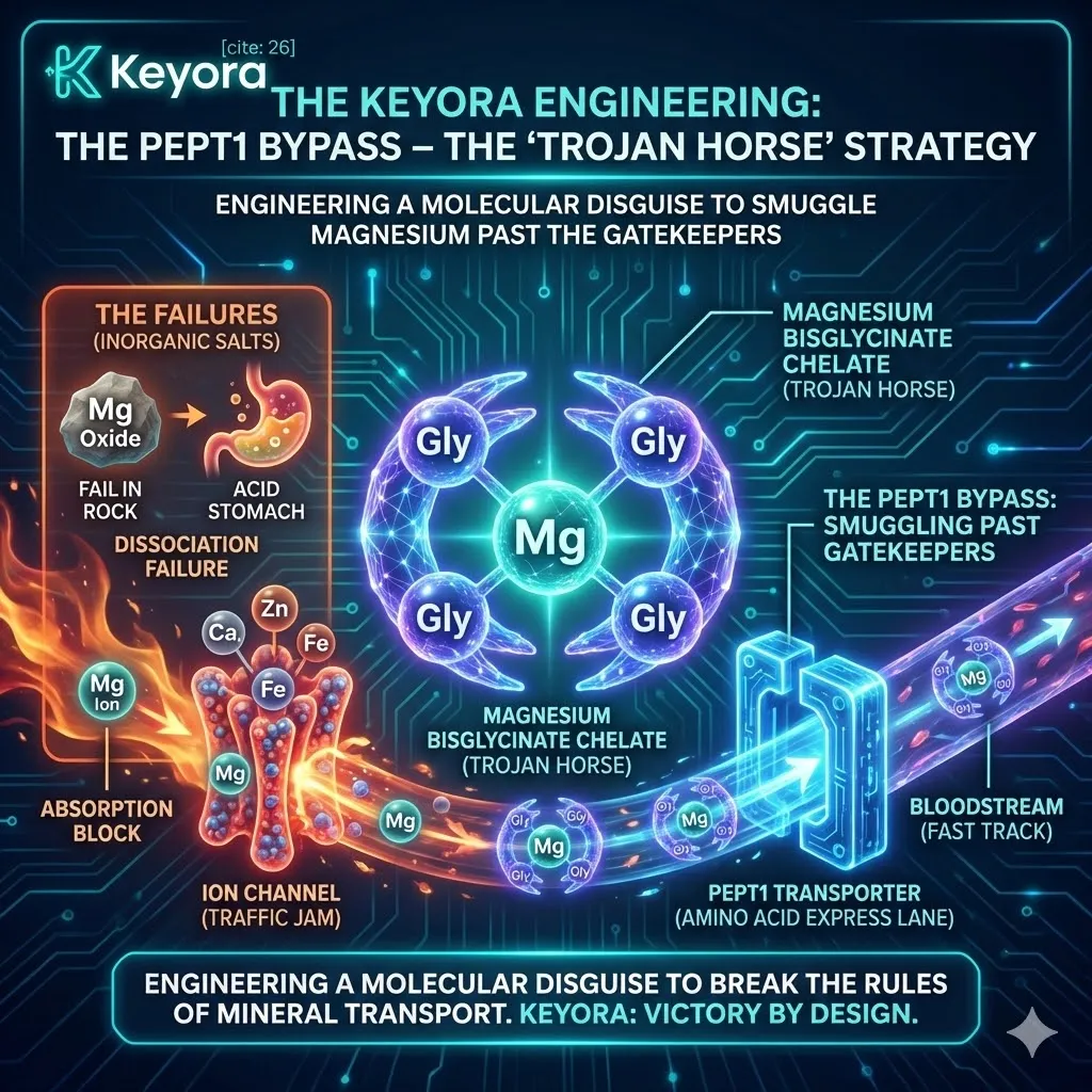 Keyora strategic engineering utilizes Magnesium Bisglycinate Chelate to execute the PEPT1 bypass through a stable ring-like molecular structure. This mechanism employs coordinate covalent bonds to execute a precise chelation reaction that fundamentally alters nutrient physics. By transforming magnesium into a molecular disguise, the architecture breaks the rules of mineral transport to avoid the crowded ion channel gatekeepers. The strategic result is a stable chelated complex that bypasses the requirement for stomach acid dissociation to ensure definitive systemic entry. Keyora strategic engineering utilizes Magnesium Bisglycinate Chelate to execute the PEPT1 bypass through a stable ring-like molecular structure. This mechanism employs coordinate covalent bonds to execute a precise chelation reaction that fundamentally alters nutrient physics. By transforming magnesium into a molecular disguise, the architecture breaks the rules of mineral transport to avoid the crowded ion channel gatekeepers. The strategic result is a stable chelated complex that bypasses the requirement for stomach acid dissociation to ensure definitive systemic entry.