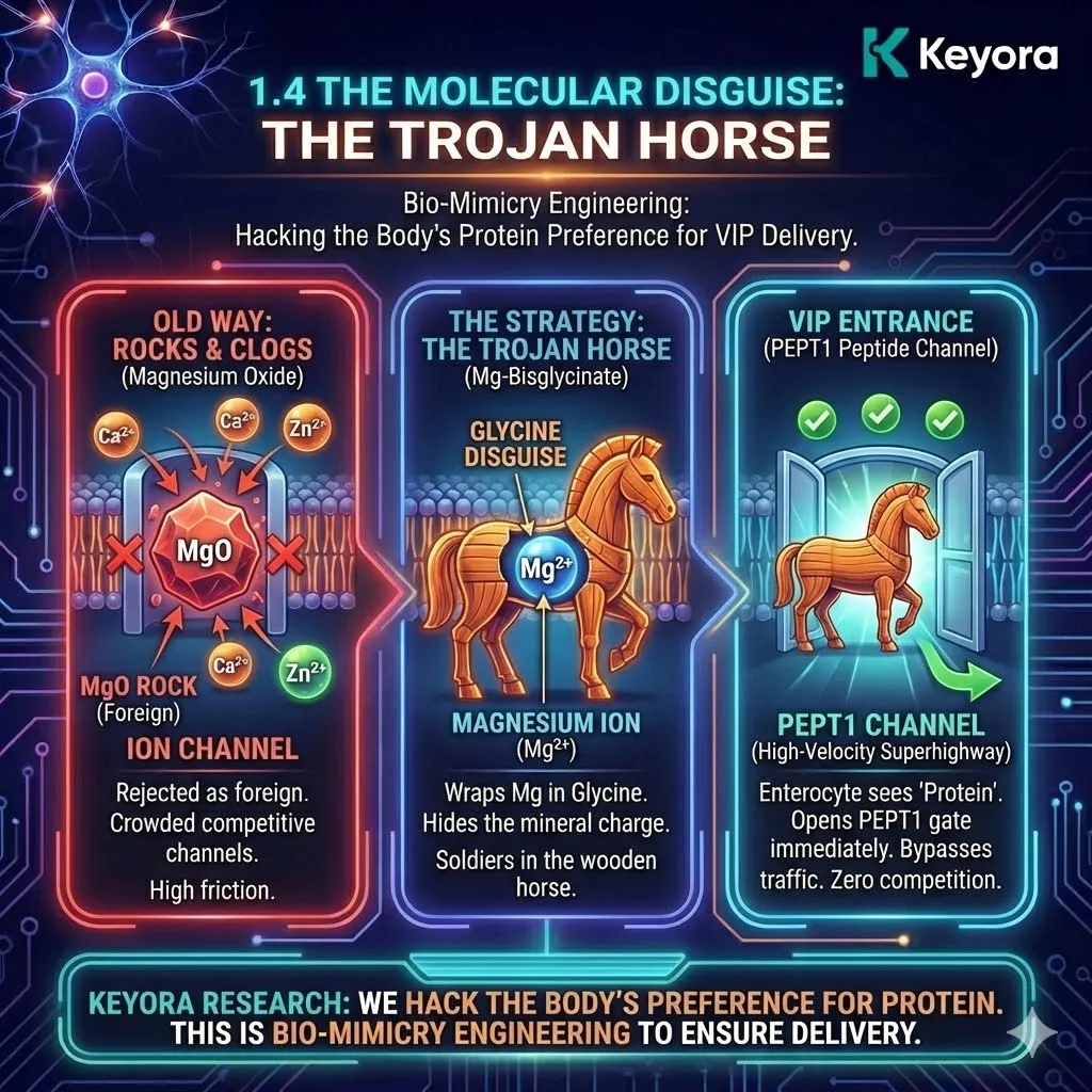 Keyora strategic bio-mimicry engineering utilizes Magnesium Bisglycinate as a molecular Trojan Horse to access high-velocity protein superhighways. This mechanism hides the mineral charge within a glycine wrap to engage the PEPT1 transporter instead of crowded ion channels. By mimicking a dipeptide fragment, the architecture ensures the enterocyte prioritizes entry over mineral competition. The strategic result is the bypass of calcium and zinc blockades to facilitate definitive high-density mineral delivery through a dedicated protein-pathway VIP lane. Keyora strategic bio-mimicry engineering utilizes Magnesium Bisglycinate as a molecular Trojan Horse to access high-velocity protein superhighways. This mechanism hides the mineral charge within a glycine wrap to engage the PEPT1 transporter instead of crowded ion channels. By mimicking a dipeptide fragment, the architecture ensures the enterocyte prioritizes entry over mineral competition. The strategic result is the bypass of calcium and zinc blockades to facilitate definitive high-density mineral delivery through a dedicated protein-pathway VIP lane.