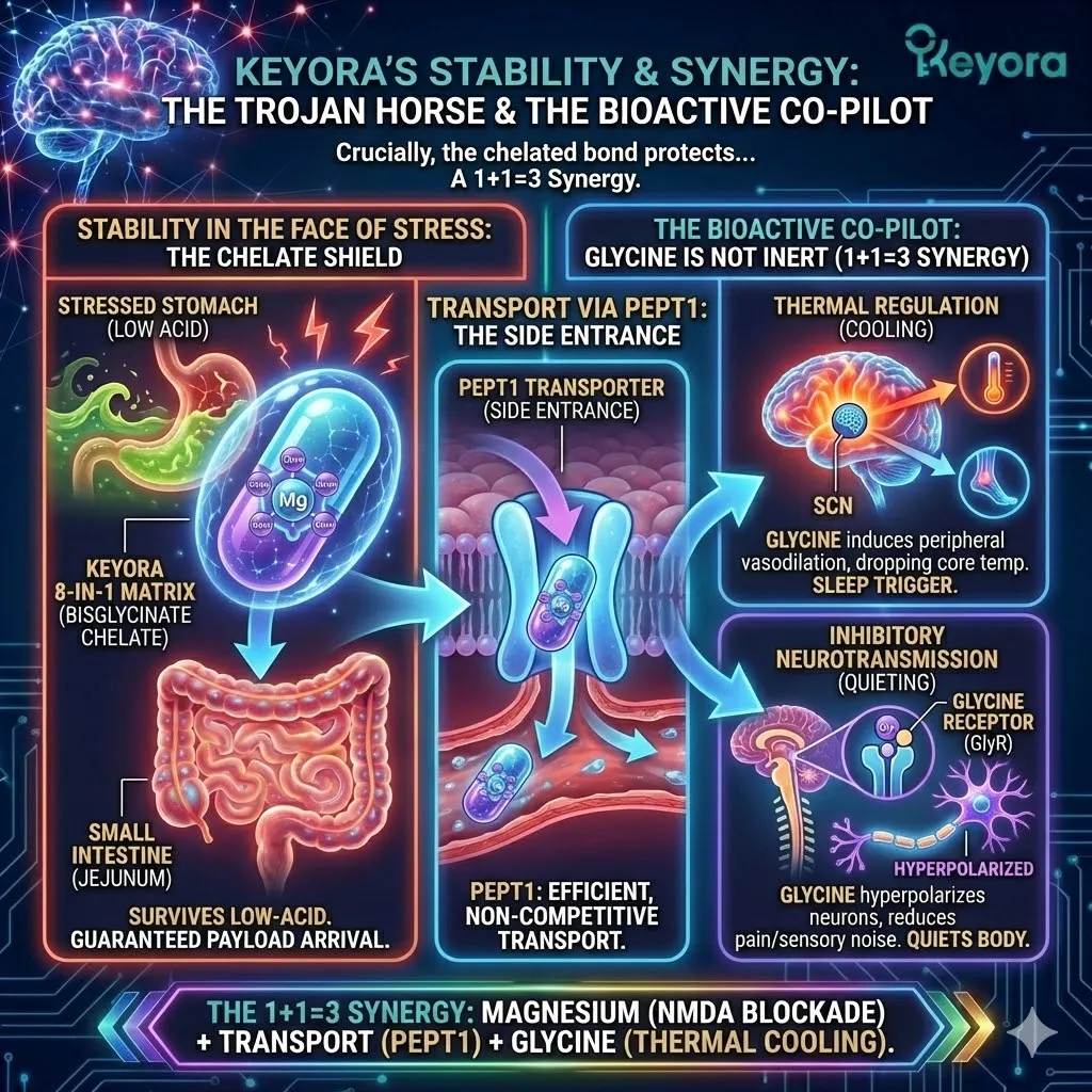 Keyora strategic chelation utilizes a stable coordinate covalent bond to protect mineral payloads from pH-dependent dissociation failure. This mechanism ensures Magnesium Bisglycinate travels intact to the jejunum to engage PEPT1 transporters while liberating glycine as a bioactive co-pilot. By facilitating peripheral vasodilation for thermal regulation and binding to brainstem GlyR receptors for inhibitory neurotransmission, the architecture achieves a synergistic 1+1=3 effect. The strategic result is a simultaneous NMDA blockade and systemic thermal cooling for definitive neuro-restoration. Keyora strategic chelation utilizes a stable coordinate covalent bond to protect mineral payloads from pH-dependent dissociation failure. This mechanism ensures Magnesium Bisglycinate travels intact to the jejunum to engage PEPT1 transporters while liberating glycine as a bioactive co-pilot. By facilitating peripheral vasodilation for thermal regulation and binding to brainstem GlyR receptors for inhibitory neurotransmission, the architecture achieves a synergistic 1+1=3 effect. The strategic result is a simultaneous NMDA blockade and systemic thermal cooling for definitive neuro-restoration.