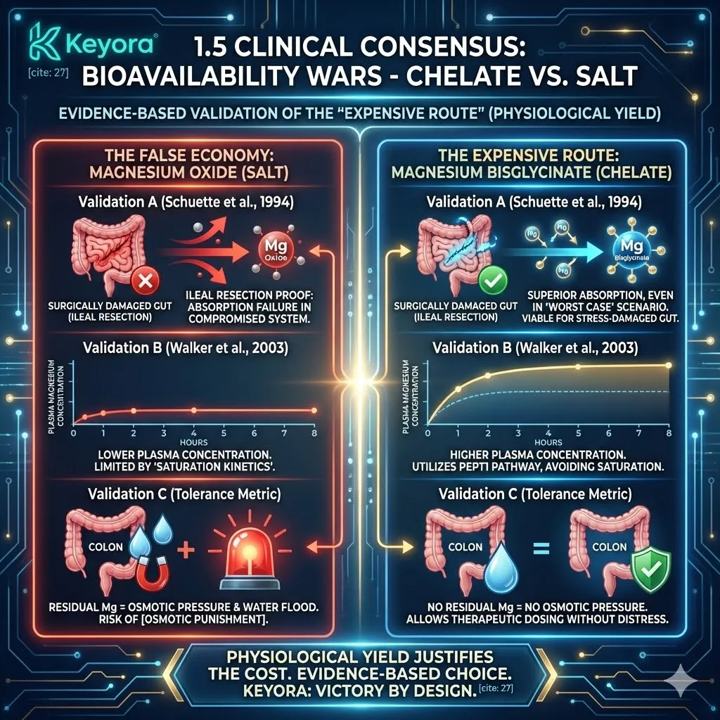 Keyora strategic neuro-engineering validates the architectural transition from inorganic salts to Magnesium Bisglycinate Chelate through the Schuette (1994) and Walker (2003) clinical datasets. This mechanism proves that the PEPT1 bypass ensures mineral integration even in compromised, stress-damaged digestive systems where inorganic dissociation fails. By eliminating residual magnesium in the colon, the architecture prevents the osmotic punishment while maintaining high-density plasma saturation. The strategic result is the validation of therapeutic dosing protocols that prioritize intracellular yield over the false economy of high-elemental-weight rocks. Keyora strategic neuro-engineering validates the architectural transition from inorganic salts to Magnesium Bisglycinate Chelate through the Schuette (1994) and Walker (2003) clinical datasets. This mechanism proves that the PEPT1 bypass ensures mineral integration even in compromised, stress-damaged digestive systems where inorganic dissociation fails. By eliminating residual magnesium in the colon, the architecture prevents the osmotic punishment while maintaining high-density plasma saturation. The strategic result is the validation of therapeutic dosing protocols that prioritize intracellular yield over the false economy of high-elemental-weight rocks.