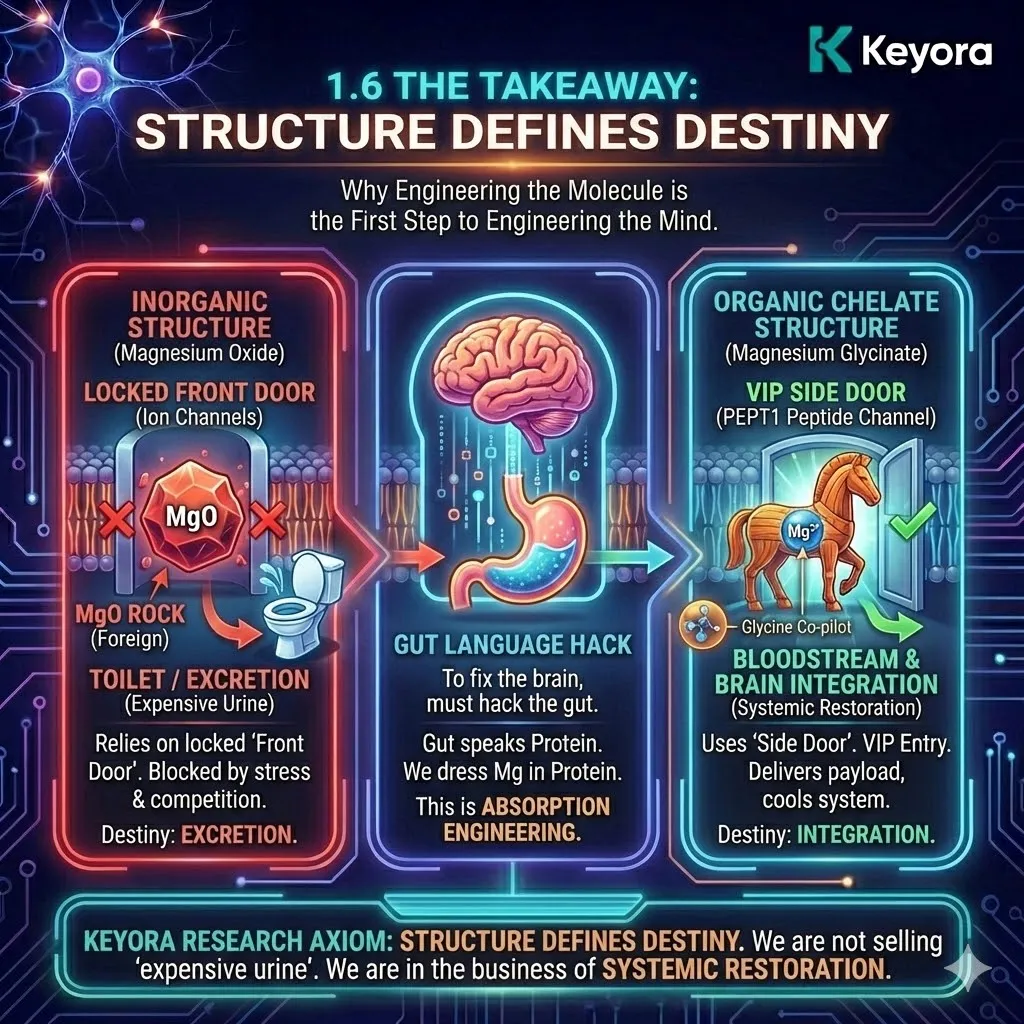 Keyora strategic neuro-engineering concludes the analysis of absorption engineering by contrasting the molecular geometry of inorganic rocks against chelated Trojan Horses. This mechanism utilizes the "Structure Defines Destiny" axiom to prioritize the organic PEPT1 side door over the stressed and blocked ionic front door. By dressing magnesium in a protein-mimicking glycine wrap, the architecture ensures that the mineral's biological fate is systemic integration rather than osmotic excretion. The strategic result is the definitive resolution of the hidden hunger paradox and the establishment of a high-yield foundation for neuro-engineering. Keyora strategic neuro-engineering concludes the analysis of absorption engineering by contrasting the molecular geometry of inorganic rocks against chelated Trojan Horses. This mechanism utilizes the "Structure Defines Destiny" axiom to prioritize the organic PEPT1 side door over the stressed and blocked ionic front door. By dressing magnesium in a protein-mimicking glycine wrap, the architecture ensures that the mineral's biological fate is systemic integration rather than osmotic excretion. The strategic result is the definitive resolution of the hidden hunger paradox and the establishment of a high-yield foundation for neuro-engineering.