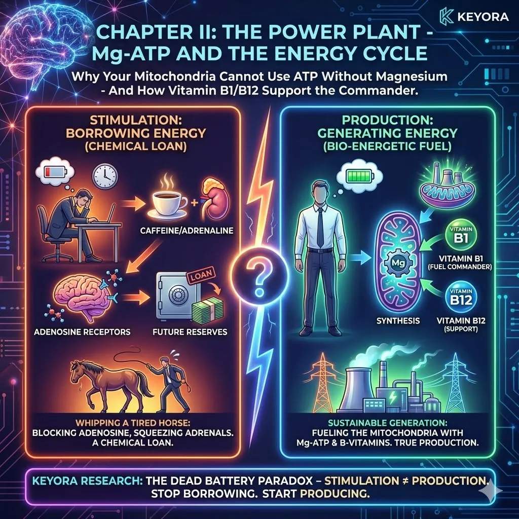 Keyora strategic neuro-engineering identifies the dead battery paradox where caffeine-driven stimulation is mistaken for authentic cellular energy production. This mechanism distinguishes between a chemical loan that masks fatigue through adenosine blockade and the architectural reality of mitochondrial output. By analyzing the systemic difference between whipping a tired horse and fueling the engine, the architecture reveals why high-performer exhaustion persists despite stimulant saturation. The strategic result is the rejection of superficial surges in favor of a quantifiable bio-energetic foundation. Keyora strategic neuro-engineering identifies the dead battery paradox where caffeine-driven stimulation is mistaken for authentic cellular energy production. This mechanism distinguishes between a chemical loan that masks fatigue through adenosine blockade and the architectural reality of mitochondrial output. By analyzing the systemic difference between whipping a tired horse and fueling the engine, the architecture reveals why high-performer exhaustion persists despite stimulant saturation. The strategic result is the rejection of superficial surges in favor of a quantifiable bio-energetic foundation.