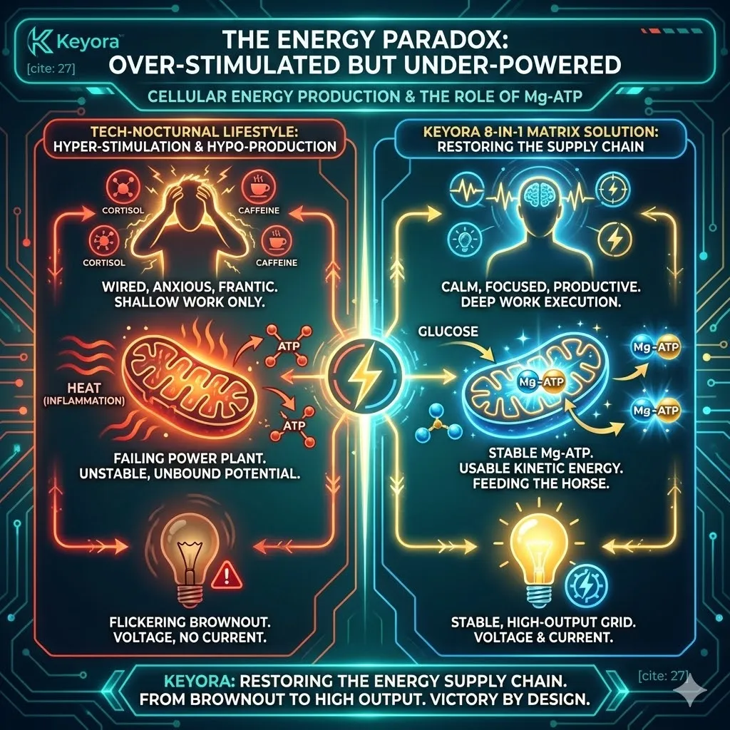 Keyora strategic neuro-engineering identifies the failure of mitochondrial production where the lack of magnesium renders ATP as unstable, unbound potential. This mechanism distinguishes between high-voltage stimulation (shallow work) and high-current production (deep work), exposing the architectural flaw of the "Over-Stimulated but Under-Powered" state. By transitioning from the gut to the cellular reactor, the architecture reveals how mitochondria generate inflammation instead of kinetic power without the magnesium ignition key. The strategic result is the restoration of the energy supply chain to convert a flickering brownout into a stable, high-output neural grid. Keyora strategic neuro-engineering identifies the failure of mitochondrial production where the lack of magnesium renders ATP as unstable, unbound potential. This mechanism distinguishes between high-voltage stimulation (shallow work) and high-current production (deep work), exposing the architectural flaw of the "Over-Stimulated but Under-Powered" state. By transitioning from the gut to the cellular reactor, the architecture reveals how mitochondria generate inflammation instead of kinetic power without the magnesium ignition key. The strategic result is the restoration of the energy supply chain to convert a flickering brownout into a stable, high-output neural grid.