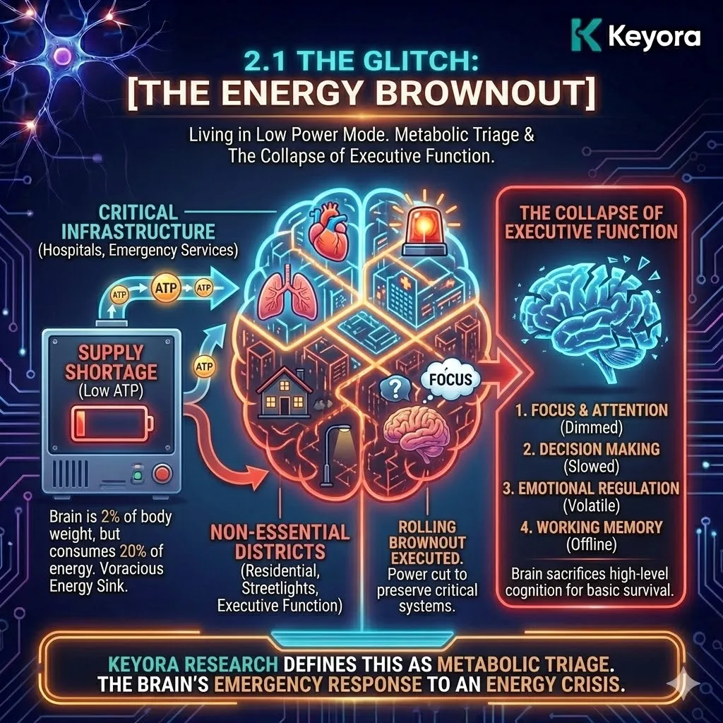 Keyora strategic neuro-engineering identifies the energy brownout as a state of metabolic triage where the brain restricts power to executive districts to preserve survival infrastructure. This mechanism occurs when mitochondrial ATP production fails to meet the brain's 20% metabolic demand, forcing a rolling brownout of cognitive functions. By analyzing the systemic shift from high-bandwidth executive processing to low-power survival modes, the architecture reveals why focus and creative bandwidth are the first assets to be liquidated. The strategic result is the identification of a supply crisis that requires immediate bio-energetic intervention to restore full-system capacity. Keyora strategic neuro-engineering identifies the energy brownout as a state of metabolic triage where the brain restricts power to executive districts to preserve survival infrastructure. This mechanism occurs when mitochondrial ATP production fails to meet the brain's 20% metabolic demand, forcing a rolling brownout of cognitive functions. By analyzing the systemic shift from high-bandwidth executive processing to low-power survival modes, the architecture reveals why focus and creative bandwidth are the first assets to be liquidated. The strategic result is the identification of a supply crisis that requires immediate bio-energetic intervention to restore full-system capacity.