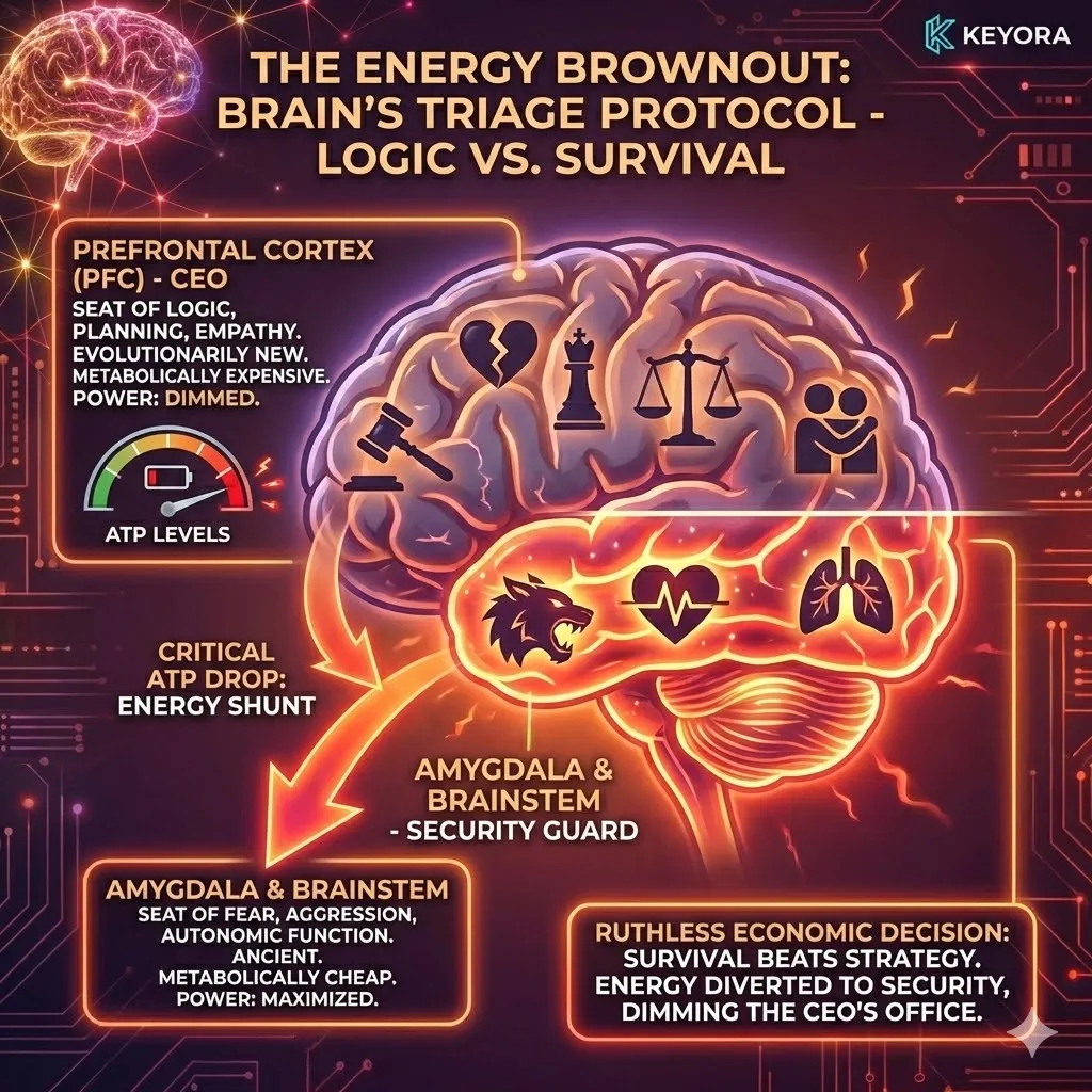 Keyora strategic neuro-engineering identifies the energy brownout as a ruthless metabolic triage where the brain shunts limited ATP away from the expensive Prefrontal Cortex to prioritize the cheaper Amygdala. This mechanism explains the collapse of executive logic and impulse control in favor of ancient survival protocols. By analyzing the "Survival beats Strategy" economic decision, the architecture reveals why chronic exhaustion manifests as emotional volatility and fractured leadership. The strategic result is the identification of a bio-energetic supply crisis that liquidates high-level cognitive assets to maintain primitive security functions. Keyora strategic neuro-engineering identifies the energy brownout as a ruthless metabolic triage where the brain shunts limited ATP away from the expensive Prefrontal Cortex to prioritize the cheaper Amygdala. This mechanism explains the collapse of executive logic and impulse control in favor of ancient survival protocols. By analyzing the "Survival beats Strategy" economic decision, the architecture reveals why chronic exhaustion manifests as emotional volatility and fractured leadership. The strategic result is the identification of a bio-energetic supply crisis that liquidates high-level cognitive assets to maintain primitive security functions.