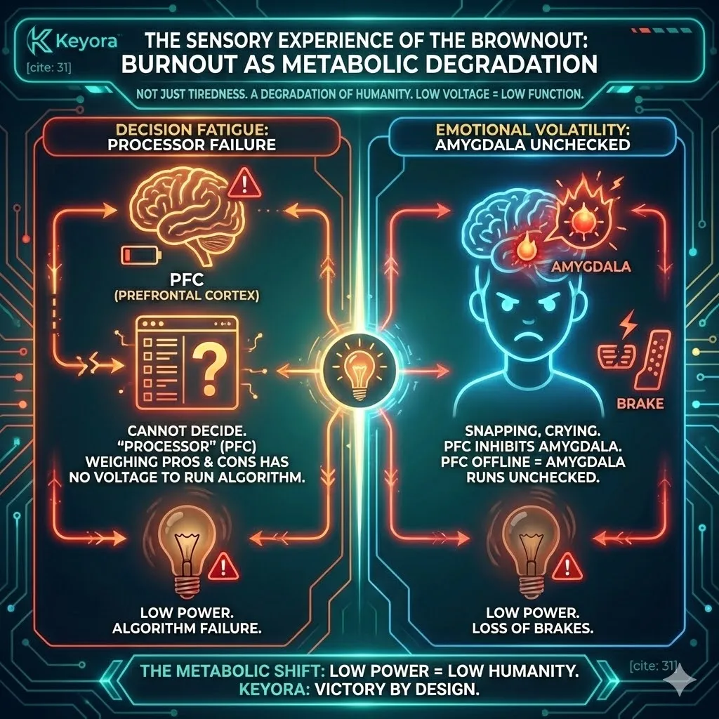 Keyora strategic neuro-engineering identifies the sensory experience of the brownout as a specific degradation of humanity caused by metabolic triage. This mechanism exposes how decision fatigue and emotional volatility are the direct results of an under-powered Prefrontal Cortex failing to inhibit the hyper-reactive Amygdala. By analyzing the "loss of brakes," the architecture reveals that burnout is a quantifiable voltage drop in the brain’s executive algorithms. The strategic result is the identification of a physiological failure in the PFC-Amygdala circuit that requires high-density bio-energetic restoration to regain executive emotional control. Keyora strategic neuro-engineering identifies the sensory experience of the brownout as a specific degradation of humanity caused by metabolic triage. This mechanism exposes how decision fatigue and emotional volatility are the direct results of an under-powered Prefrontal Cortex failing to inhibit the hyper-reactive Amygdala. By analyzing the "loss of brakes," the architecture reveals that burnout is a quantifiable voltage drop in the brain’s executive algorithms. The strategic result is the identification of a physiological failure in the PFC-Amygdala circuit that requires high-density bio-energetic restoration to regain executive emotional control.