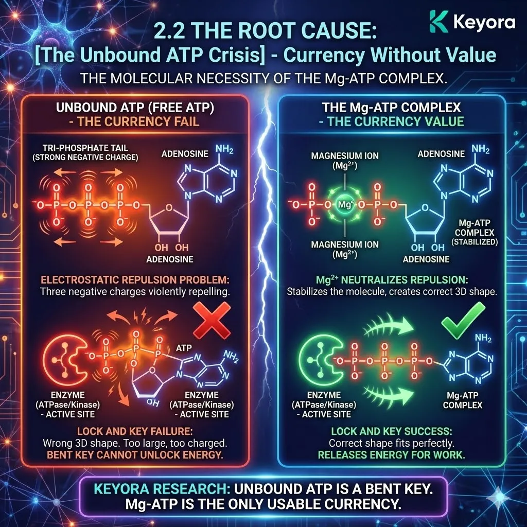Keyora strategic neuro-engineering identifies the unbound ATP crisis where the absence of magnesium renders cellular currency structurally inert. This mechanism exposes the electrostatic repulsion problem, where negatively charged phosphate groups create a "bent key" molecule that cannot engage the enzymatic locks of ATPase or Kinase. By analyzing the structural failure of free ATP, the architecture reveals why high-performer mitochondria can generate potential energy that remains functionally inaccessible. The strategic result is the identification of a molecular blockade that causes cellular stalling despite high ATP production levels. Keyora strategic neuro-engineering identifies the unbound ATP crisis where the absence of magnesium renders cellular currency structurally inert. This mechanism exposes the electrostatic repulsion problem, where negatively charged phosphate groups create a "bent key" molecule that cannot engage the enzymatic locks of ATPase or Kinase. By analyzing the structural failure of free ATP, the architecture reveals why high-performer mitochondria can generate potential energy that remains functionally inaccessible. The strategic result is the identification of a molecular blockade that causes cellular stalling despite high ATP production levels.