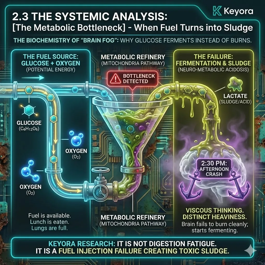 Keyora strategic neuro-engineering identifies the metabolic bottleneck as a failure of the fuel injection system resulting in neuro-metabolic acidosis. This mechanism explains the "afternoon crash" not as digestion fatigue, but as a systemic shift where the brain ferments glucose instead of burning it cleanly. By analyzing the viscous state of cognitive processing, the architecture reveals a transition from high-efficiency aerobic respiration to low-yield cellular sludge. The strategic result is the identification of a bio-energetic blockade that prevents glucose from reaching the mitochondrial reactor, triggering a collapse in neural horsepower. Keyora strategic neuro-engineering identifies the metabolic bottleneck as a failure of the fuel injection system resulting in neuro-metabolic acidosis. This mechanism explains the "afternoon crash" not as digestion fatigue, but as a systemic shift where the brain ferments glucose instead of burning it cleanly. By analyzing the viscous state of cognitive processing, the architecture reveals a transition from high-efficiency aerobic respiration to low-yield cellular sludge. The strategic result is the identification of a bio-energetic blockade that prevents glucose from reaching the mitochondrial reactor, triggering a collapse in neural horsepower.