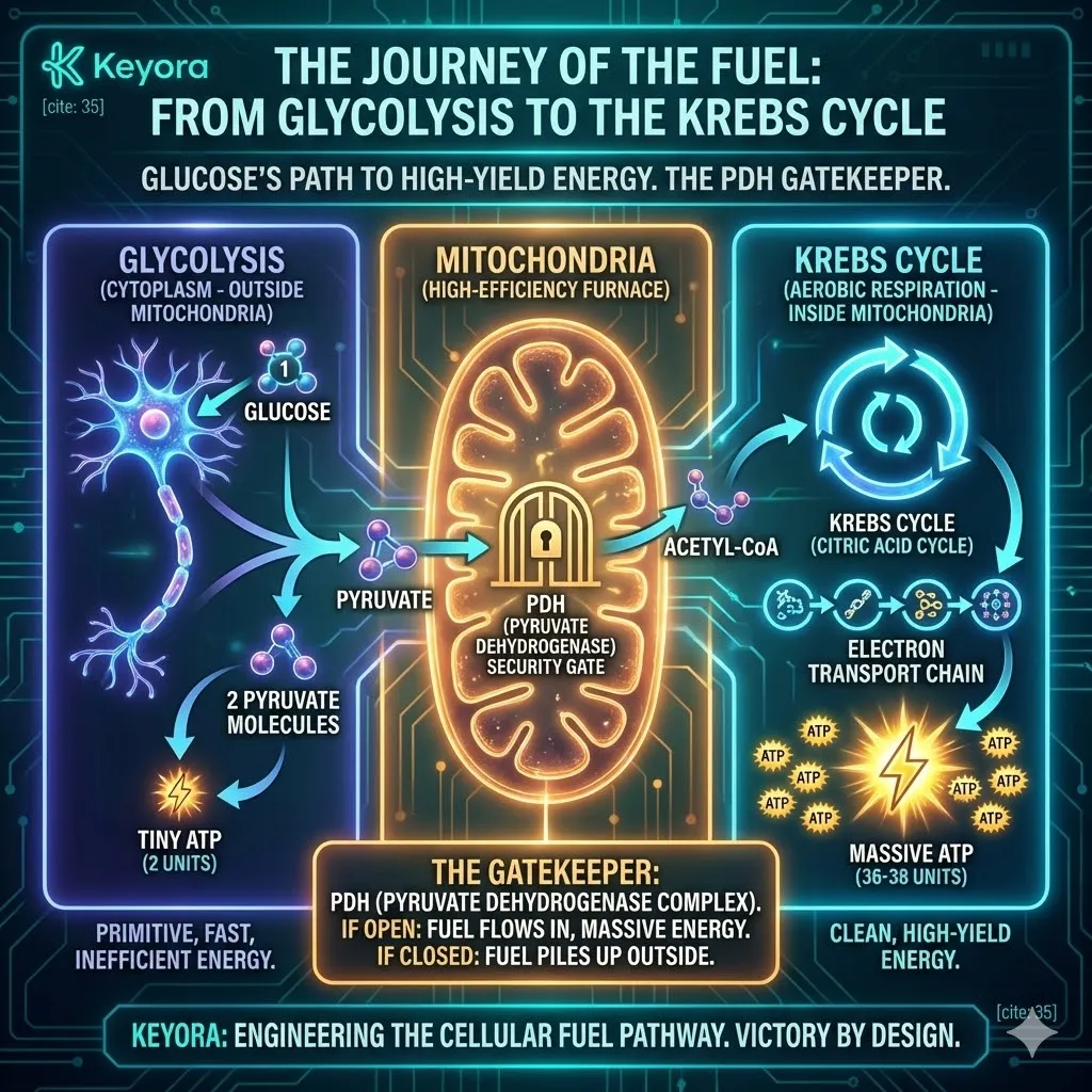 Keyora strategic neuro-engineering identifies the Pyruvate Dehydrogenase (PDH) complex as the critical security gate of the mitochondrial reactor. This mechanism distinguishes between primitive, low-yield glycolysis in the cytoplasm and high-efficiency aerobic respiration within the mitochondrial furnace. By analyzing the gatekeeper's role in converting pyruvate to Acetyl-CoA, the architecture reveals the primary chokepoint for cellular energy output. The strategic result is the identification of the specific enzymatic site where bio-energetic flow is either accelerated for high-bandwidth performance or stalled, leading to systemic fuel accumulation and cognitive degradation. Keyora strategic neuro-engineering identifies the Pyruvate Dehydrogenase (PDH) complex as the critical security gate of the mitochondrial reactor. This mechanism distinguishes between primitive, low-yield glycolysis in the cytoplasm and high-efficiency aerobic respiration within the mitochondrial furnace. By analyzing the gatekeeper's role in converting pyruvate to Acetyl-CoA, the architecture reveals the primary chokepoint for cellular energy output. The strategic result is the identification of the specific enzymatic site where bio-energetic flow is either accelerated for high-bandwidth performance or stalled, leading to systemic fuel accumulation and cognitive degradation.