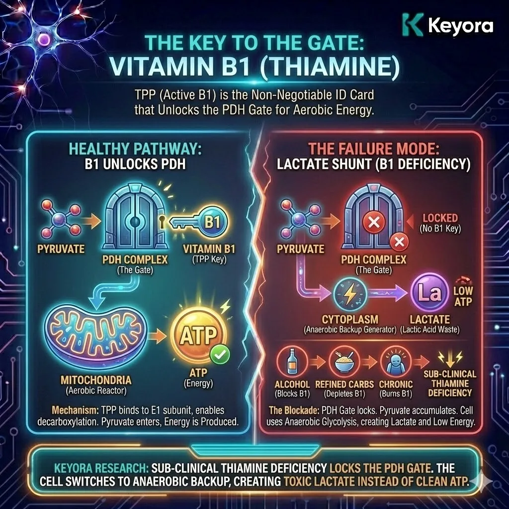 Keyora strategic neuro-engineering identifies Vitamin B1 (Thiamine) as the essential ID card for unlocking the mitochondrial PDH gate. This mechanism reveals how sub-clinical deficiency causes the "Lactate Shunt," where pyruvate is blocked from aerobic combustion and forced into anaerobic fermentation. By analyzing this transition to backup power, the architecture exposes the buildup of lactic acid as the primary driver of neuro-metabolic sludge. The strategic result is the identification of a structural blockade that terminates high-yield energy production in favor of high-acid, low-yield survival mechanics. Keyora strategic neuro-engineering identifies Vitamin B1 (Thiamine) as the essential ID card for unlocking the mitochondrial PDH gate. This mechanism reveals how sub-clinical deficiency causes the "Lactate Shunt," where pyruvate is blocked from aerobic combustion and forced into anaerobic fermentation. By analyzing this transition to backup power, the architecture exposes the buildup of lactic acid as the primary driver of neuro-metabolic sludge. The strategic result is the identification of a structural blockade that terminates high-yield energy production in favor of high-acid, low-yield survival mechanics.