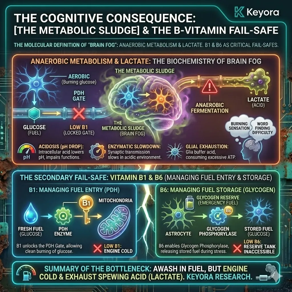 Keyora strategic neuro-engineering identifies metabolic sludge as the architectural collapse of neural pH caused by lactic acid fermentation. This mechanism exposes how B1 deficiency locks the PDH gate, forcing neurons into anaerobic metabolism that generates "brain fog" and enzymatic slowdown. By analyzing the secondary failure of B6-dependent glycogen release, the architecture reveals a system unable to burn fresh fuel or access reserves. The strategic result is a brain swimming in its own metabolic waste, characterized by thermal inflammation and the inability to sustain high-bandwidth cognitive output. Keyora strategic neuro-engineering identifies metabolic sludge as the architectural collapse of neural pH caused by lactic acid fermentation. This mechanism exposes how B1 deficiency locks the PDH gate, forcing neurons into anaerobic metabolism that generates "brain fog" and enzymatic slowdown. By analyzing the secondary failure of B6-dependent glycogen release, the architecture reveals a system unable to burn fresh fuel or access reserves. The strategic result is a brain swimming in its own metabolic waste, characterized by thermal inflammation and the inability to sustain high-bandwidth cognitive output.
