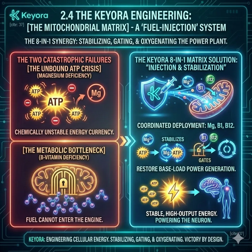 Keyora strategic neuro-engineering synthesizes the Mitochondrial Matrix to resolve the dual failure of the unbound ATP crisis and the metabolic bottleneck. This mechanism integrates high-yield Magnesium, Vitamin B1, and Vitamin B12 to stabilize cellular currency while simultaneously unlocking the enzymatic gates of the power plant. By rejecting superficial stimulation in favor of base-load restoration, the architecture ensures that fuel injection is synchronized with molecular stabilization. The strategic result is a high-output neural grid where energy production is no longer a chemical loan, but a sustainable physiological asset. Keyora strategic neuro-engineering synthesizes the Mitochondrial Matrix to resolve the dual failure of the unbound ATP crisis and the metabolic bottleneck. This mechanism integrates high-yield Magnesium, Vitamin B1, and Vitamin B12 to stabilize cellular currency while simultaneously unlocking the enzymatic gates of the power plant. By rejecting superficial stimulation in favor of base-load restoration, the architecture ensures that fuel injection is synchronized with molecular stabilization. The strategic result is a high-output neural grid where energy production is no longer a chemical loan, but a sustainable physiological asset.