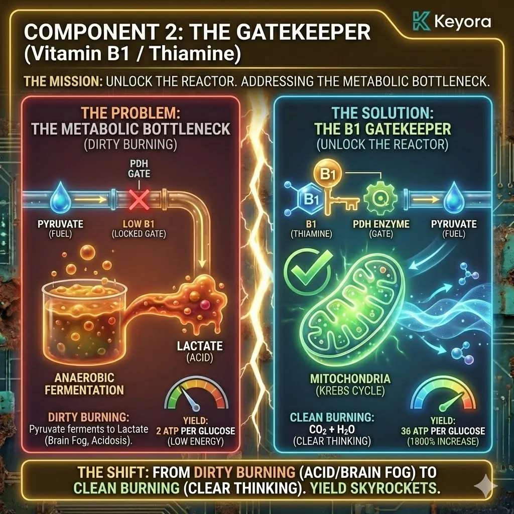 Keyora strategic neuro-engineering utilizes Vitamin B1 as the systemic gatekeeper to resolve the metabolic bottleneck and unlock the mitochondrial reactor. This mechanism facilitates the conversion of pyruvate into TPP, shifting the brain from low-yield anaerobic fermentation to high-efficiency aerobic respiration. By bypassing the lactate path, the architecture achieves an 1800% increase in ATP yield per glucose molecule. The strategic result is the elimination of neuro-metabolic acidosis, clearing "brain fog" and restoring high-bandwidth cognitive horsepower through clean-burning cellular combustion. Keyora strategic neuro-engineering utilizes Vitamin B1 as the systemic gatekeeper to resolve the metabolic bottleneck and unlock the mitochondrial reactor. This mechanism facilitates the conversion of pyruvate into TPP, shifting the brain from low-yield anaerobic fermentation to high-efficiency aerobic respiration. By bypassing the lactate path, the architecture achieves an 1800% increase in ATP yield per glucose molecule. The strategic result is the elimination of neuro-metabolic acidosis, clearing "brain fog" and restoring high-bandwidth cognitive horsepower through clean-burning cellular combustion.