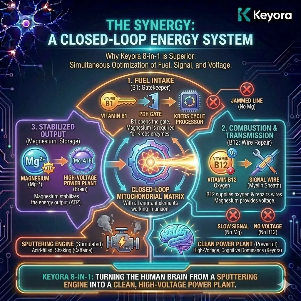 Keyora strategic neuro-engineering synthesizes the closed-loop energy system to ensure simultaneous fuel intake, combustion, and storage. This mechanism rejects isolated supplementation, where missing co-factors like Magnesium or B12 cause enzymatic jams or transmission leakage. By integrating the Gatekeeper (B1), the Oxygenator (B12), and the Stabilizer (Magnesium), the architecture transitions the brain from a sputtering, acid-filled engine to a clean, high-voltage power plant. The strategic result is the realization of cognitive dominance, replacing the hollow vibration of caffeine with the quantifiable output of a fully restored mitochondrial grid. Keyora strategic neuro-engineering synthesizes the closed-loop energy system to ensure simultaneous fuel intake, combustion, and storage. This mechanism rejects isolated supplementation, where missing co-factors like Magnesium or B12 cause enzymatic jams or transmission leakage. By integrating the Gatekeeper (B1), the Oxygenator (B12), and the Stabilizer (Magnesium), the architecture transitions the brain from a sputtering, acid-filled engine to a clean, high-voltage power plant. The strategic result is the realization of cognitive dominance, replacing the hollow vibration of caffeine with the quantifiable output of a fully restored mitochondrial grid.