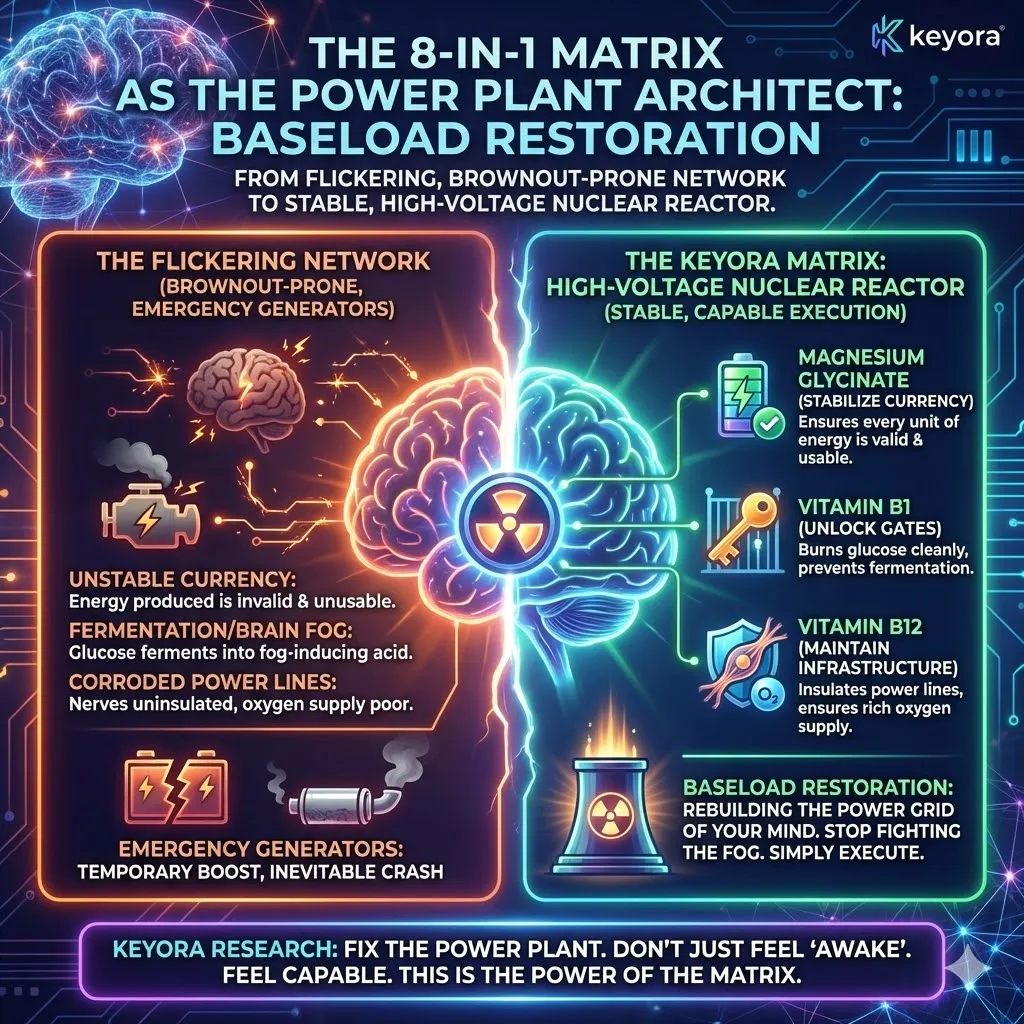 Keyora strategic neuro-engineering establishes the 8-in-1 Matrix as the definitive architect of the neural power plant. This mechanism transitions the system from temporary "boosts" to baseload restoration by stabilizing energy currency with Magnesium Glycinate, unlocking enzymatic gates with B1, and insulating transmission lines with B12. By replacing emergency generators with a stable, high-voltage mitochondrial grid, the architecture shifts the user from chronic fatigue negotiation to effortless execution. The strategic result is the realization of absolute capability, where the mind operates as a high-output nuclear reactor characterized by clean-burning power and cognitive dominance. Keyora strategic neuro-engineering establishes the 8-in-1 Matrix as the definitive architect of the neural power plant. This mechanism transitions the system from temporary "boosts" to baseload restoration by stabilizing energy currency with Magnesium Glycinate, unlocking enzymatic gates with B1, and insulating transmission lines with B12. By replacing emergency generators with a stable, high-voltage mitochondrial grid, the architecture shifts the user from chronic fatigue negotiation to effortless execution. The strategic result is the realization of absolute capability, where the mind operates as a high-output nuclear reactor characterized by clean-burning power and cognitive dominance.