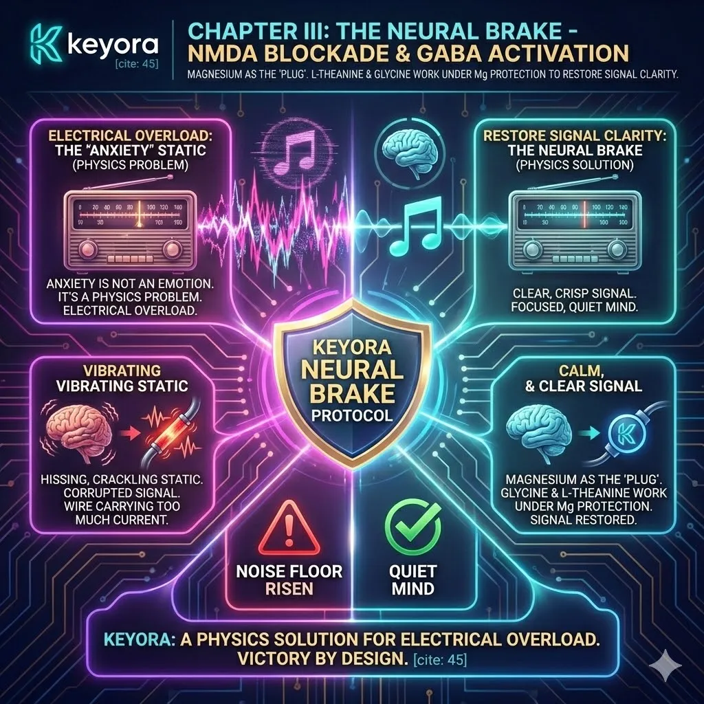 Keyora strategic neuro-engineering identifies anxiety as a physics problem of electrical overload. This mechanism defines "Neural Static" as a state where excessive current vibrates within the skull, corrupting the cognitive signal. By shifting the framework from psychology to biophysics, the architecture reveals that executive worry is a physical overheating of uninsulated neural wires. The strategic result is the requirement for a molecular "plug" to lower the noise floor and restore signal clarity. Keyora strategic neuro-engineering identifies anxiety as a physics problem of electrical overload. This mechanism defines "Neural Static" as a state where excessive current vibrates within the skull, corrupting the cognitive signal. By shifting the framework from psychology to biophysics, the architecture reveals that executive worry is a physical overheating of uninsulated neural wires. The strategic result is the requirement for a molecular "plug" to lower the noise floor and restore signal clarity.