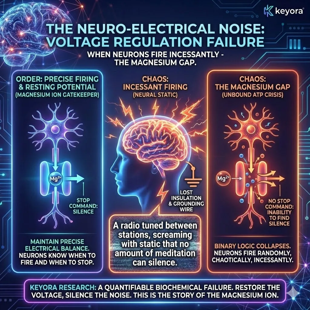 Keyora strategic neuro-engineering identifies neuro-electrical noise as a fundamental voltage regulation failure within the neural grid. This mechanism reveals that the "buzzing" sensation of executive burnout is the result of neurons losing their binary logic, where the "stop" command is physically erased. By analyzing the breakdown of resting potentials, the architecture exposes a nervous system that has lost its grounding wire, leading to chaotic, incessant firing. The strategic result is the identification of Magnesium as the physical gatekeeper required to restore order and silence the systemic screaming of unanchored neurons. Keyora strategic neuro-engineering identifies neuro-electrical noise as a fundamental voltage regulation failure within the neural grid. This mechanism reveals that the "buzzing" sensation of executive burnout is the result of neurons losing their binary logic, where the "stop" command is physically erased. By analyzing the breakdown of resting potentials, the architecture exposes a nervous system that has lost its grounding wire, leading to chaotic, incessant firing. The strategic result is the identification of Magnesium as the physical gatekeeper required to restore order and silence the systemic screaming of unanchored neurons.