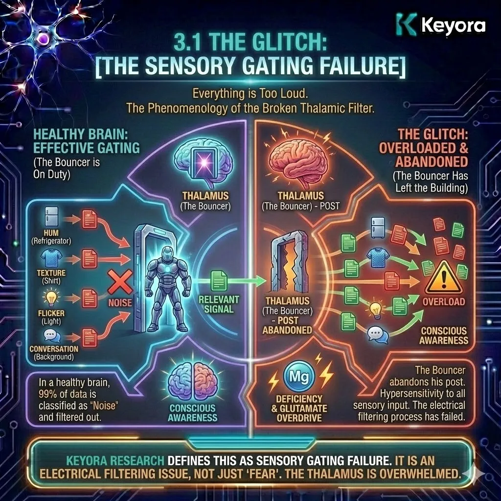 Keyora strategic neuro-engineering identifies Sensory Gating Failure as the architectural collapse of the brain's internal filtering system. This mechanism exposes the "phenomenology of the over-wired," where the Thalamus—the brain's sensory bouncer—fails to filter environmental noise. By analyzing the breakdown of the Reticular Thalamic Nucleus, the architecture reveals why trivial data like background hums become conscious irritants. The strategic result is the identification of a state where hypersensitivity is not a psychological trait, but a structural failure of the neural gate. Keyora strategic neuro-engineering identifies Sensory Gating Failure as the architectural collapse of the brain's internal filtering system. This mechanism exposes the "phenomenology of the over-wired," where the Thalamus—the brain's sensory bouncer—fails to filter environmental noise. By analyzing the breakdown of the Reticular Thalamic Nucleus, the architecture reveals why trivial data like background hums become conscious irritants. The strategic result is the identification of a state where hypersensitivity is not a psychological trait, but a structural failure of the neural gate.