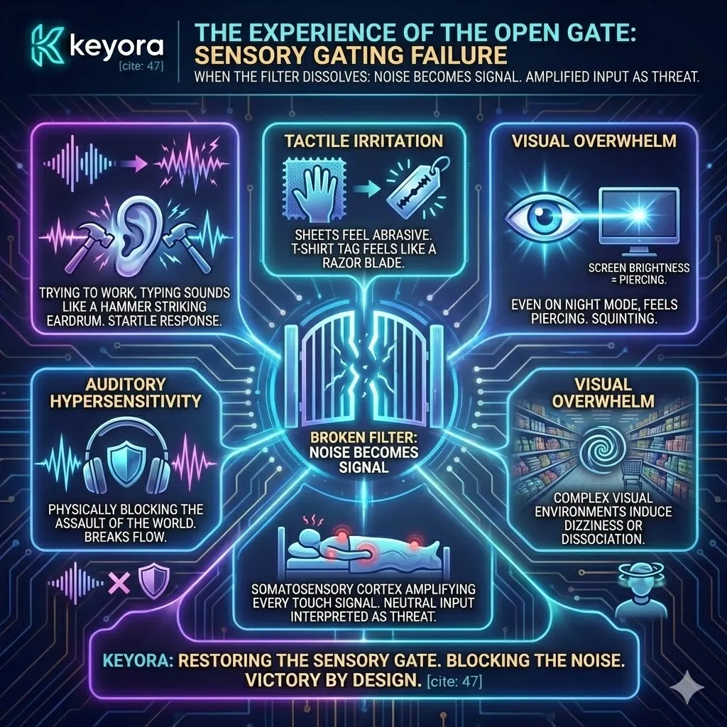 Keyora strategic neuro-engineering identifies the "Open Gate" state as the physical dissolution of neural noise filters. This mechanism defines hypersensitivity where the auditory, tactile, and visual systems interpret neutral data as a direct sensory assault. By analyzing the breakdown of the somatosensory cortex's ability to prioritize input, the architecture reveals why environmental stimuli trigger a constant startle response and break executive flow. The strategic result is the realization that "Overwhelm" is a hardware failure of the signal-processing threshold. Keyora strategic neuro-engineering identifies the "Open Gate" state as the physical dissolution of neural noise filters. This mechanism defines hypersensitivity where the auditory, tactile, and visual systems interpret neutral data as a direct sensory assault. By analyzing the breakdown of the somatosensory cortex's ability to prioritize input, the architecture reveals why environmental stimuli trigger a constant startle response and break executive flow. The strategic result is the realization that "Overwhelm" is a hardware failure of the signal-processing threshold.
