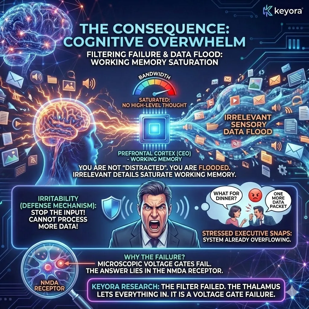 Keyora strategic neuro-engineering identifies Cognitive Overwhelm as the architectural saturation of working memory caused by filtering failure. This mechanism forces the Prefrontal Cortex to process "garbage data," liquidating the bandwidth required for executive function and high-level strategy. By analyzing the transition from distraction to systemic flooding, the architecture reveals irritability as a biological defense mechanism against data-packet overflow. The strategic result is the identification of a hardware-level processing bottleneck caused by the abandonment of the Thalamic bouncer. Keyora strategic neuro-engineering identifies Cognitive Overwhelm as the architectural saturation of working memory caused by filtering failure. This mechanism forces the Prefrontal Cortex to process "garbage data," liquidating the bandwidth required for executive function and high-level strategy. By analyzing the transition from distraction to systemic flooding, the architecture reveals irritability as a biological defense mechanism against data-packet overflow. The strategic result is the identification of a hardware-level processing bottleneck caused by the abandonment of the Thalamic bouncer.