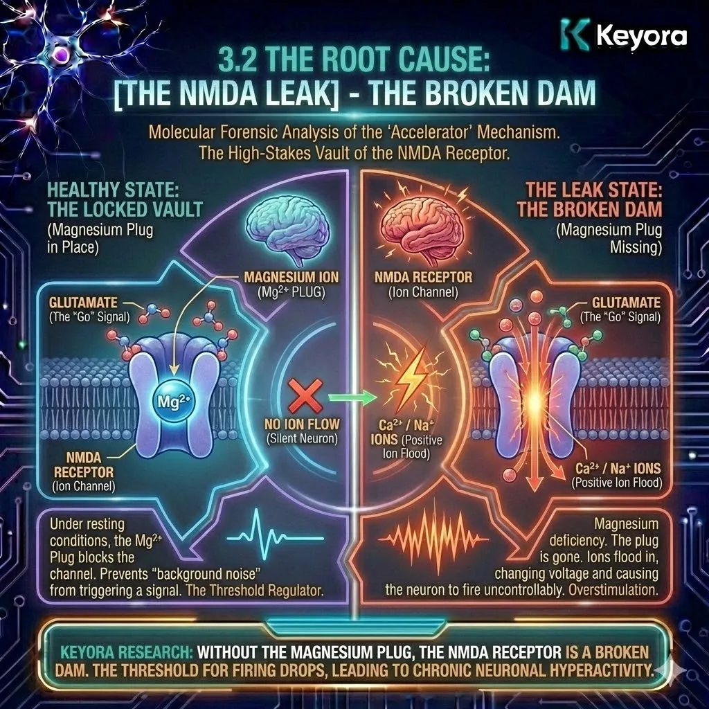 Keyora strategic neuro-engineering identifies the NMDA Leak as the architectural failure of the synaptic vault. This mechanism reveals how a single Magnesium ion acts as the physical plug, sealing the ion channel to prevent background noise from triggering premature neural firing. By analyzing the electrostatic attraction that lodges the "Mg2+ stopper" within the receptor pore, the architecture establishes Magnesium as the definitive threshold regulator. The strategic result is the realization that without this molecular plug, the brain's internal dam breaks, allowing chaotic electrical signals to bypass the gate and flood the conscious mind. Keyora strategic neuro-engineering identifies the NMDA Leak as the architectural failure of the synaptic vault. This mechanism reveals how a single Magnesium ion acts as the physical plug, sealing the ion channel to prevent background noise from triggering premature neural firing. By analyzing the electrostatic attraction that lodges the "Mg2+ stopper" within the receptor pore, the architecture establishes Magnesium as the definitive threshold regulator. The strategic result is the realization that without this molecular plug, the brain's internal dam breaks, allowing chaotic electrical signals to bypass the gate and flood the conscious mind.