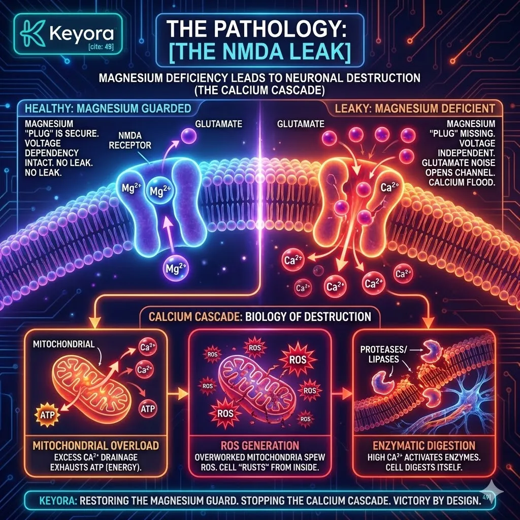 Keyora strategic neuro-engineering identifies the NMDA Leak as the systemic failure of the calcium-regulating blockade. Without the Magnesium plug, receptors lose voltage dependency, allowing background noise to trigger a toxic influx of Calcium (Ca2+). This mechanism identifies the "Calcium Cascade" as a molecular command for self-destruction, where mitochondria are liquidated to pump out excess ions while Reactive Oxygen Species oxidize the cell from within. The strategic result is the identification of sub-clinical magnesium deficiency as a primary driver of intracellular "rusting" and enzymatic self-digestion. Keyora strategic neuro-engineering identifies the NMDA Leak as the systemic failure of the calcium-regulating blockade. Without the Magnesium plug, receptors lose voltage dependency, allowing background noise to trigger a toxic influx of Calcium (Ca2+). This mechanism identifies the "Calcium Cascade" as a molecular command for self-destruction, where mitochondria are liquidated to pump out excess ions while Reactive Oxygen Species oxidize the cell from within. The strategic result is the identification of sub-clinical magnesium deficiency as a primary driver of intracellular "rusting" and enzymatic self-digestion.