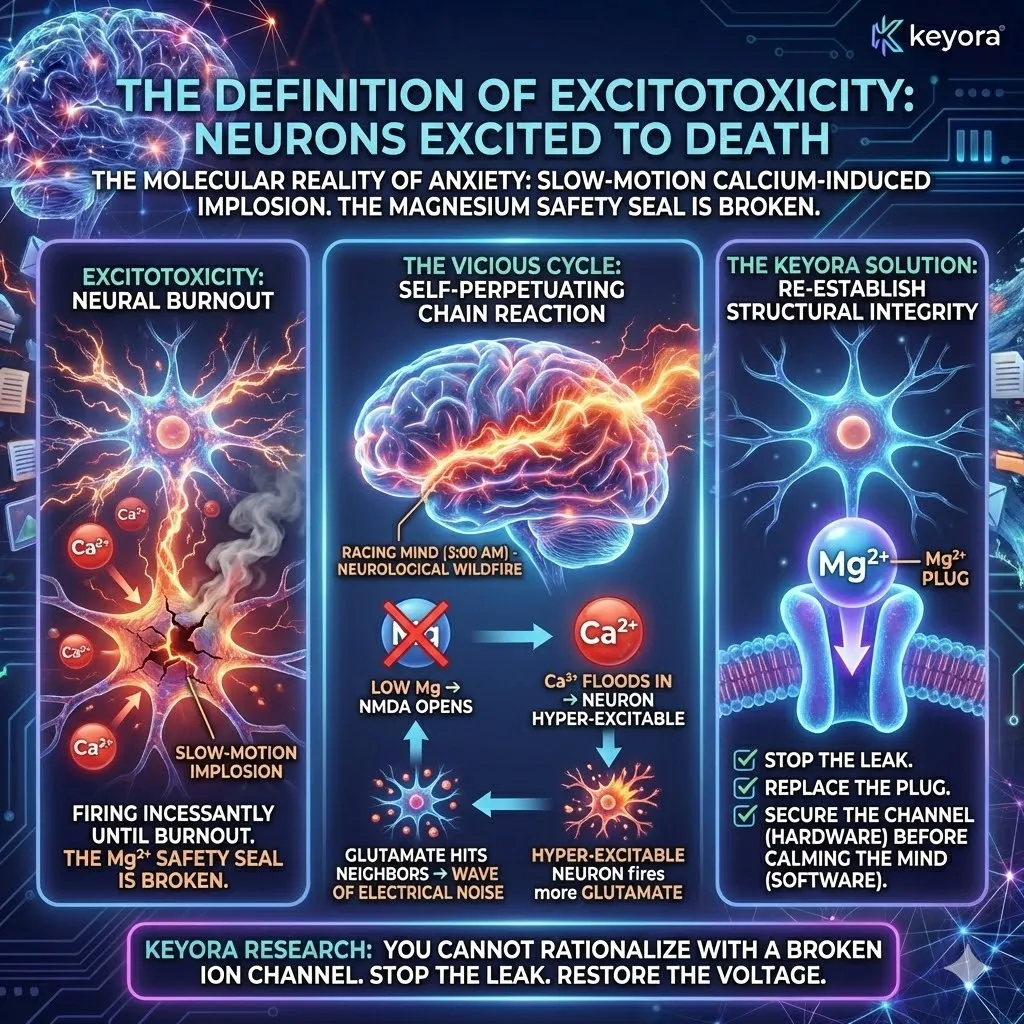 Keyora strategic neuro-engineering identifies excitotoxicity as the hardware-level implosion of neurons caused by a broken magnesium safety seal. This mechanism reveals a self-perpetuating chain reaction where calcium-flooded neurons fire excessive glutamate, triggering a neurological wildfire across the cortex. By analyzing this "racing mind" as a physical failure of ion channel integrity, the architecture proves that cognitive noise cannot be resolved by software-level meditation. The strategic result is the prioritization of hardware security, identifying the physical replacement of the Magnesium plug as the only method to terminate the calcium-induced feedback loop. Keyora strategic neuro-engineering identifies excitotoxicity as the hardware-level implosion of neurons caused by a broken magnesium safety seal. This mechanism reveals a self-perpetuating chain reaction where calcium-flooded neurons fire excessive glutamate, triggering a neurological wildfire across the cortex. By analyzing this "racing mind" as a physical failure of ion channel integrity, the architecture proves that cognitive noise cannot be resolved by software-level meditation. The strategic result is the prioritization of hardware security, identifying the physical replacement of the Magnesium plug as the only method to terminate the calcium-induced feedback loop.