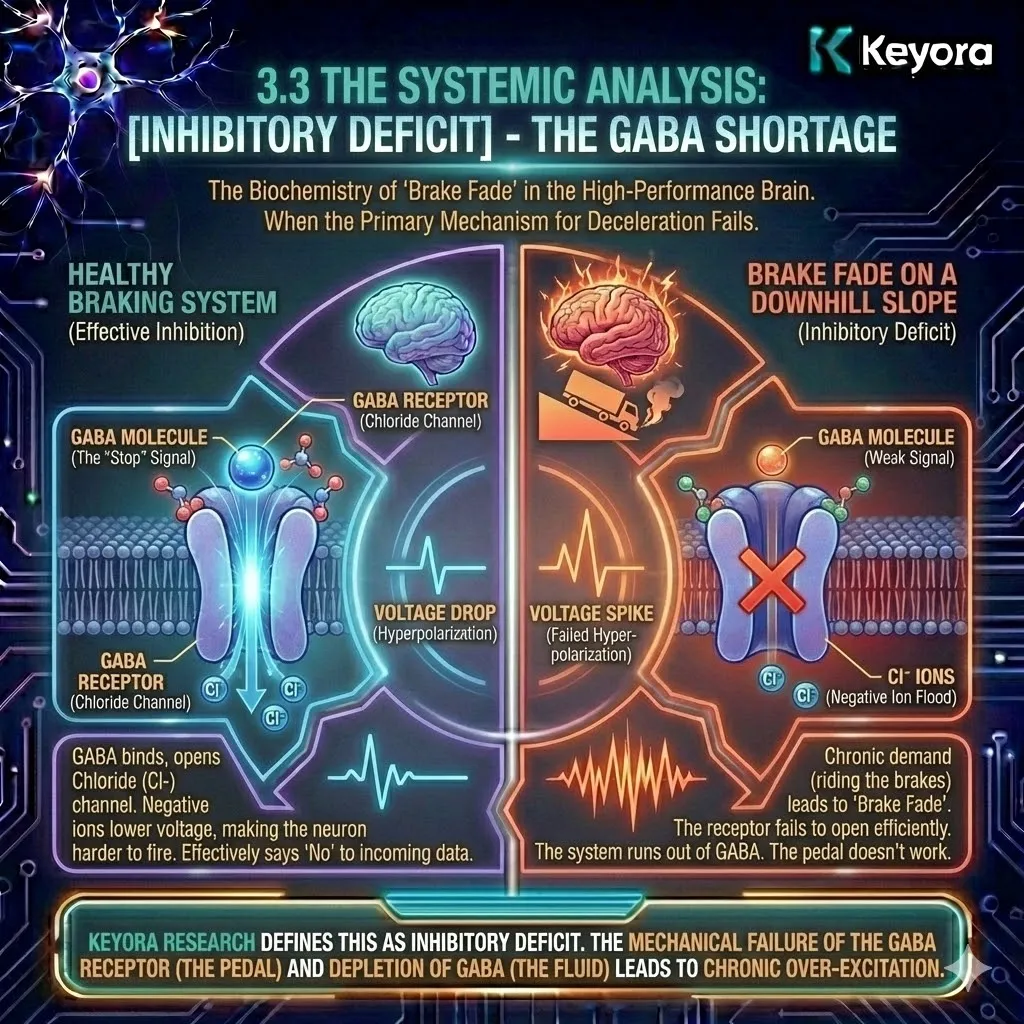 Keyora strategic neuro-engineering identifies Inhibitory Deficit as the architectural failure of the neural braking system. This mechanism reveals "Brake Fade," where constant executive stress glazes over the GABA receptors, rendering the system unable to facilitate Chloride-induced hyperpolarization. By analyzing the transition from a functional "No" command to systemic deceleration failure, the architecture exposes how the high-performance brain loses its ability to lower its voltage. The strategic result is the identification of a mechanical receptor failure that prevents the mind from terminating the high-speed descent into burnout. Keyora strategic neuro-engineering identifies Inhibitory Deficit as the architectural failure of the neural braking system. This mechanism reveals "Brake Fade," where constant executive stress glazes over the GABA receptors, rendering the system unable to facilitate Chloride-induced hyperpolarization. By analyzing the transition from a functional "No" command to systemic deceleration failure, the architecture exposes how the high-performance brain loses its ability to lower its voltage. The strategic result is the identification of a mechanical receptor failure that prevents the mind from terminating the high-speed descent into burnout.