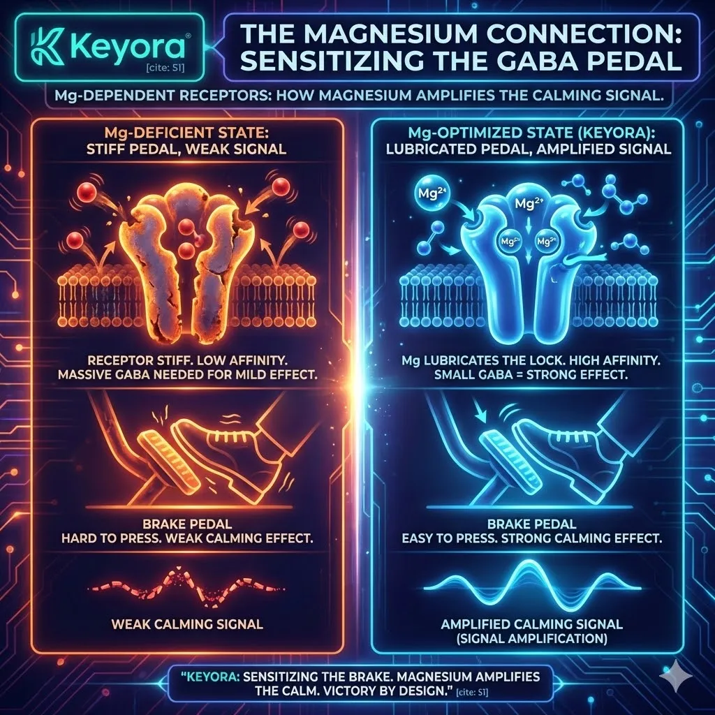 Keyora strategic neuro-engineering identifies Magnesium as the essential affinity regulator for the GABA-A receptor complex. This mechanism reveals that Magnesium acts as a molecular lubricant, ensuring GABA molecules "stick" to the receptor with high precision and duration. By analyzing the "stiff" receptor state of the magnesium-deficient brain, the architecture explains why high-stress systems fail to respond to standard inhibitory signals. The strategic result is the restoration of signal amplification, allowing minimal GABA output to produce a maximal calming effect by physically sensitizing the neural brake pedal. Keyora strategic neuro-engineering identifies Magnesium as the essential affinity regulator for the GABA-A receptor complex. This mechanism reveals that Magnesium acts as a molecular lubricant, ensuring GABA molecules "stick" to the receptor with high precision and duration. By analyzing the "stiff" receptor state of the magnesium-deficient brain, the architecture explains why high-stress systems fail to respond to standard inhibitory signals. The strategic result is the restoration of signal amplification, allowing minimal GABA output to produce a maximal calming effect by physically sensitizing the neural brake pedal.