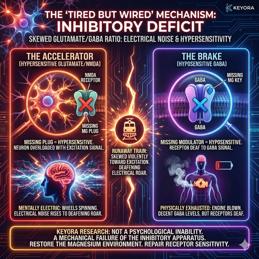 Keyora strategic neuro-engineering identifies the "Tired but Wired" phenotype as a mechanical failure of the Inhibitory Apparatus. This mechanism reveals the architectural disparity between a hypersensitive accelerator (unplugged NMDA) and a hyposensitive brake (magnesium-starved GABA). By analyzing the skewed Glutamate/GABA ratio, the architecture proves that cognitive exhaustion paired with mental electricity is a symptom of receptor deafness rather than a psychological trait. The strategic result is the prioritization of receptor repair through magnesium-dependent modulation, ensuring the neural "brake" responds to inhibitory signals with high-fidelity precision. Keyora strategic neuro-engineering identifies the "Tired but Wired" phenotype as a mechanical failure of the Inhibitory Apparatus. This mechanism reveals the architectural disparity between a hypersensitive accelerator (unplugged NMDA) and a hyposensitive brake (magnesium-starved GABA). By analyzing the skewed Glutamate/GABA ratio, the architecture proves that cognitive exhaustion paired with mental electricity is a symptom of receptor deafness rather than a psychological trait. The strategic result is the prioritization of receptor repair through magnesium-dependent modulation, ensuring the neural "brake" responds to inhibitory signals with high-fidelity precision.