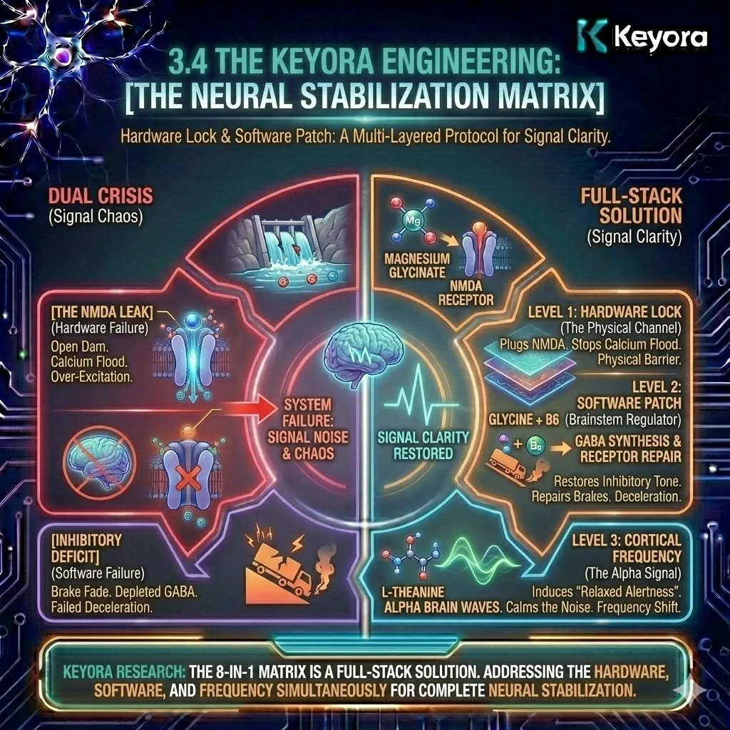 Keyora strategic neuro-engineering synthesizes the Neural Stabilization Matrix to resolve the concurrent failure of the NMDA hardware and GABA software. This mechanism rejects single-ingredient interventions, which fail to address the multi-layered complexity of signal clarity. By integrating Magnesium, L-Theanine, and Glycine, the architecture secures the physical channel, restores the brainstem regulator, and modulates cortical frequency simultaneously. The strategic result is a full-stack bio-engineering solution that transitions the system from electrical chaos to a state of absolute neural equilibrium. Keyora strategic neuro-engineering synthesizes the Neural Stabilization Matrix to resolve the concurrent failure of the NMDA hardware and GABA software. This mechanism rejects single-ingredient interventions, which fail to address the multi-layered complexity of signal clarity. By integrating Magnesium, L-Theanine, and Glycine, the architecture secures the physical channel, restores the brainstem regulator, and modulates cortical frequency simultaneously. The strategic result is a full-stack bio-engineering solution that transitions the system from electrical chaos to a state of absolute neural equilibrium.