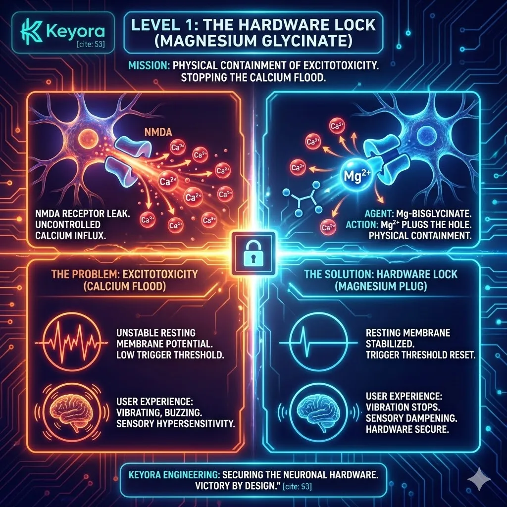 Keyora strategic neuro-engineering utilizes Magnesium Bisglycinate as the primary hardware lock to terminate systemic excitotoxicity. This mechanism deploys Mg2+ ions to re-establish the electrostatic blockade within the NMDA receptor pore, physically sealing the ion channel against unregulated calcium influx. By resetting the trigger threshold and stabilizing the resting membrane potential, the architecture eliminates the physical sensation of "neural buzzing" and dampens environmental hypersensitivity. The strategic result is the structural containment of electrical chaos, securing the hardware for high-fidelity cognitive processing. Keyora strategic neuro-engineering utilizes Magnesium Bisglycinate as the primary hardware lock to terminate systemic excitotoxicity. This mechanism deploys Mg2+ ions to re-establish the electrostatic blockade within the NMDA receptor pore, physically sealing the ion channel against unregulated calcium influx. By resetting the trigger threshold and stabilizing the resting membrane potential, the architecture eliminates the physical sensation of "neural buzzing" and dampens environmental hypersensitivity. The strategic result is the structural containment of electrical chaos, securing the hardware for high-fidelity cognitive processing.