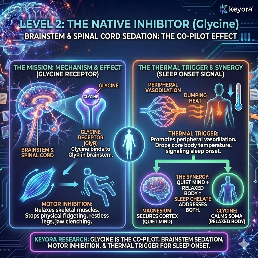 Keyora strategic neuro-engineering utilizes Glycine as a native inhibitor to achieve systemic sedation across the brainstem and soma. This mechanism targets Glycine Receptors (GlyR) to initiate motor inhibition, effectively terminating jaw clenching and restless muscle tension. By promoting peripheral vasodilation and dumping core body heat, Glycine triggers the biological threshold for rapid sleep onset. The strategic result is the total relaxation of the somatic frame, complementing the cortical stabilization of Magnesium to ensure the body is as quiet as the mind. Keyora strategic neuro-engineering utilizes Glycine as a native inhibitor to achieve systemic sedation across the brainstem and soma. This mechanism targets Glycine Receptors (GlyR) to initiate motor inhibition, effectively terminating jaw clenching and restless muscle tension. By promoting peripheral vasodilation and dumping core body heat, Glycine triggers the biological threshold for rapid sleep onset. The strategic result is the total relaxation of the somatic frame, complementing the cortical stabilization of Magnesium to ensure the body is as quiet as the mind.