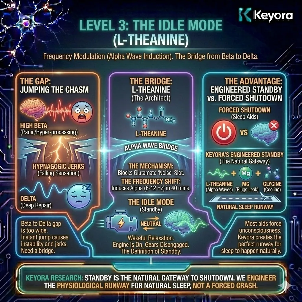 Keyora strategic neuro-engineering utilizes L-Theanine as a frequency modulator to bridge the gap between high-beta panic and delta repair. This mechanism acts as a glutamatergic analogue, blocking "noise" slots in receptors to reliably induce Alpha-wave generation (8-12 Hz). By transitioning the brain into "Idle Mode"—a state of wakeful relaxation where gears are disengaged—the architecture creates a stable standby phase. The strategic result is the engineering of a physiological runway that facilitates a natural transition into deep sleep, replacing forced unconsciousness with systemic equilibrium. Keyora strategic neuro-engineering utilizes L-Theanine as a frequency modulator to bridge the gap between high-beta panic and delta repair. This mechanism acts as a glutamatergic analogue, blocking "noise" slots in receptors to reliably induce Alpha-wave generation (8-12 Hz). By transitioning the brain into "Idle Mode"—a state of wakeful relaxation where gears are disengaged—the architecture creates a stable standby phase. The strategic result is the engineering of a physiological runway that facilitates a natural transition into deep sleep, replacing forced unconsciousness with systemic equilibrium.