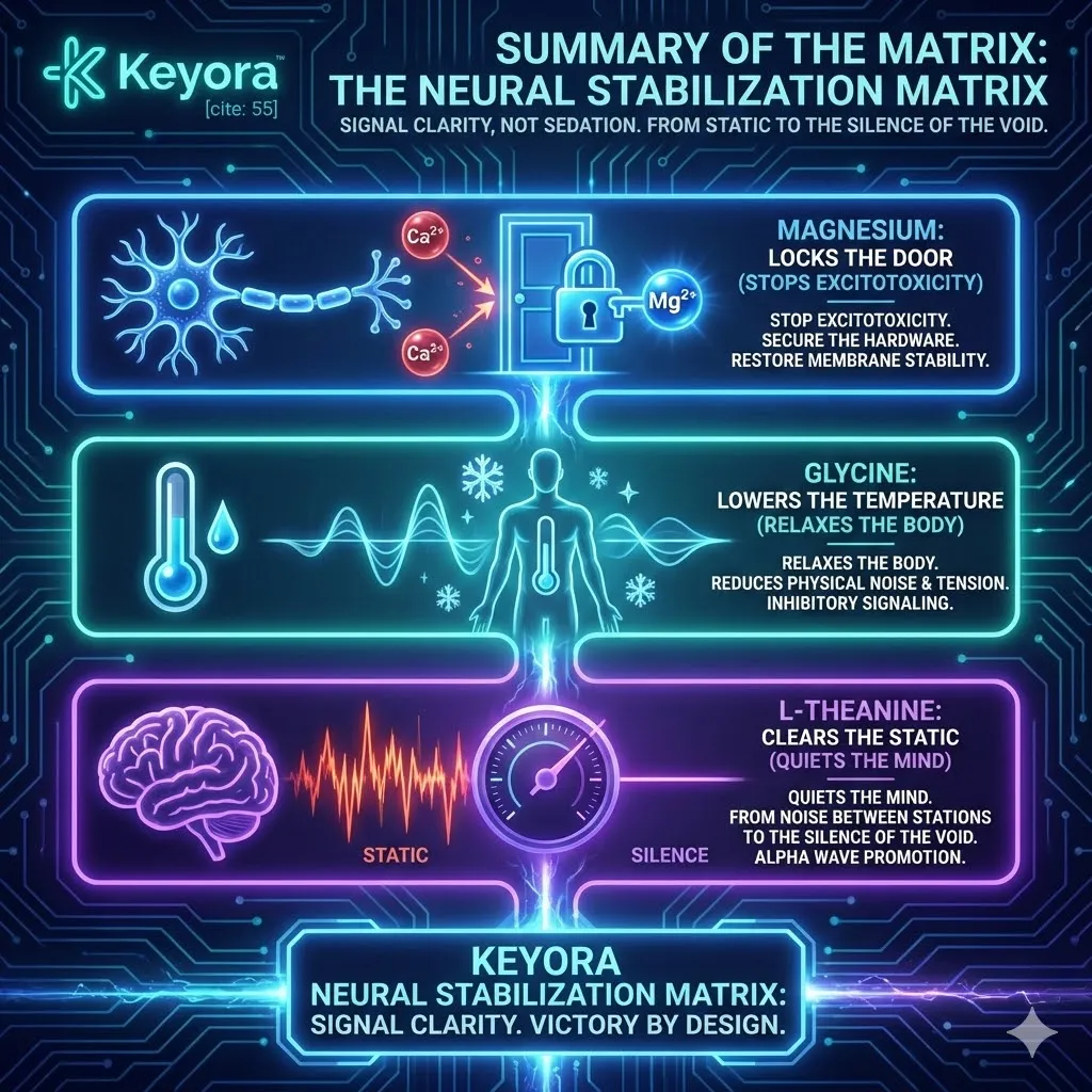 Keyora strategic neuro-engineering synthesizes the Neural Stabilization Matrix to restore absolute signal clarity. This mechanism integrates Magnesium to lock the hardware against excitotoxicity, Glycine to somaticize relaxation through thermal regulation, and L-Theanine to modulate cortical frequency into the Alpha-wave "Idle Mode." By rejecting the blunt force of sedation in favor of precision threshold regulation, the architecture transitions the neural grid from high-frequency static to a state of calm dominance. The strategic result is the realization of systemic silence, providing the optimal environment for high-speed executive recovery and restorative sleep. Keyora strategic neuro-engineering synthesizes the Neural Stabilization Matrix to restore absolute signal clarity. This mechanism integrates Magnesium to lock the hardware against excitotoxicity, Glycine to somaticize relaxation through thermal regulation, and L-Theanine to modulate cortical frequency into the Alpha-wave "Idle Mode." By rejecting the blunt force of sedation in favor of precision threshold regulation, the architecture transitions the neural grid from high-frequency static to a state of calm dominance. The strategic result is the realization of systemic silence, providing the optimal environment for high-speed executive recovery and restorative sleep.