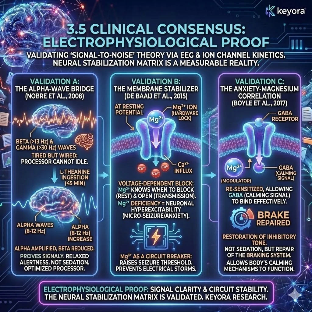 Keyora strategic neuro-engineering utilizes electrophysiological proof to validate the signal-to-noise theory of neural stabilization. This mechanism leverages EEG data to confirm that L-Theanine induces Alpha-wave generation, providing relaxed alertness without the stupor of traditional sedatives. By analyzing the voltage-dependent kinetics of the NMDA receptor, the architecture establishes Magnesium as a biological circuit breaker that raises the threshold against neuronal hyperexcitability. The strategic result is the restoration of inhibitory tone, shifting the system from a "micro-seizure" state of anxiety to a state of optimized electrical insulation and structural calm. Keyora strategic neuro-engineering utilizes electrophysiological proof to validate the signal-to-noise theory of neural stabilization. This mechanism leverages EEG data to confirm that L-Theanine induces Alpha-wave generation, providing relaxed alertness without the stupor of traditional sedatives. By analyzing the voltage-dependent kinetics of the NMDA receptor, the architecture establishes Magnesium as a biological circuit breaker that raises the threshold against neuronal hyperexcitability. The strategic result is the restoration of inhibitory tone, shifting the system from a "micro-seizure" state of anxiety to a state of optimized electrical insulation and structural calm.