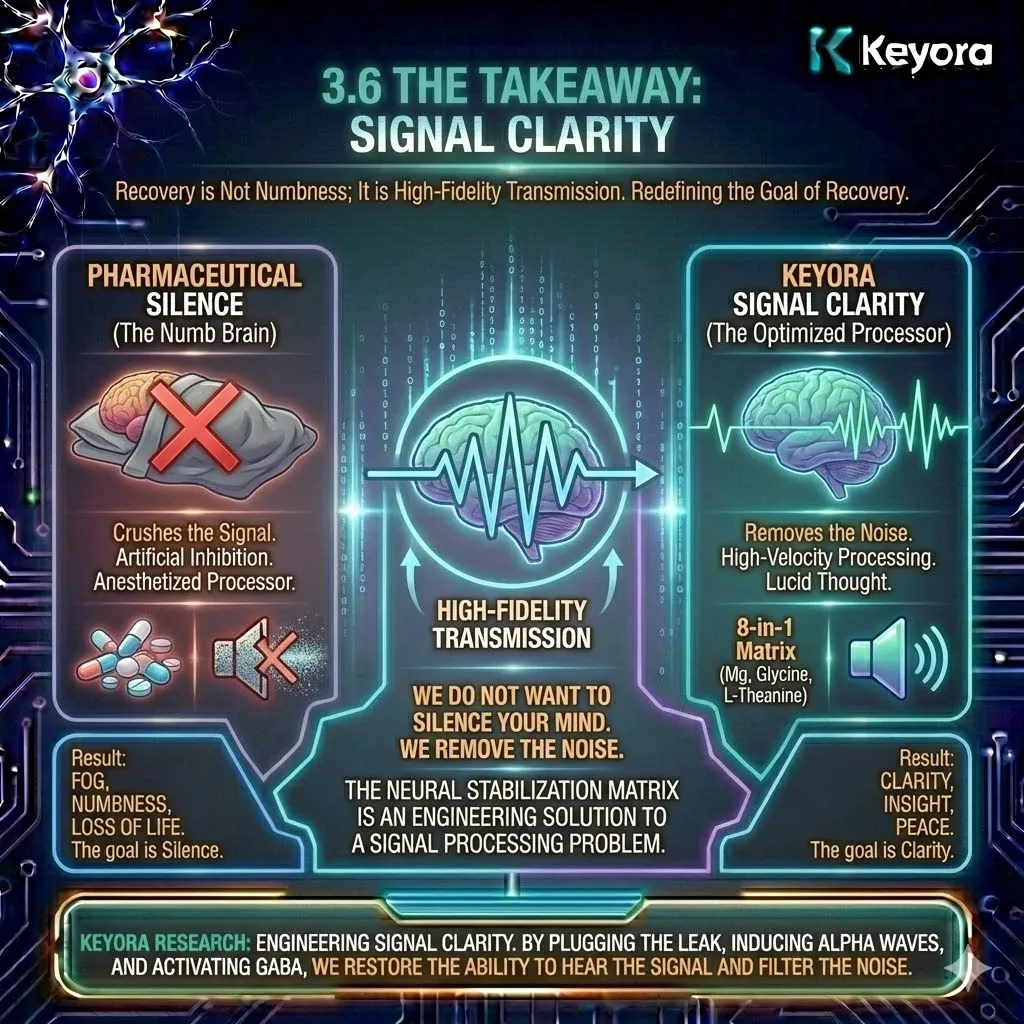 Keyora strategic neuro-engineering redefines recovery as the pursuit of signal clarity rather than pharmaceutical numbness. This mechanism rejects the blunt force of anesthesia, which crushes both noise and signal, in favor of an engineering solution that preserves the "executive blade." By plugging the NMDA leak and inducing Alpha waves, the architecture filters out random, static-filled neural firing while maintaining the high-velocity processing required for elite performance. The strategic result is the restoration of high-fidelity transmission, where the mind achieves the silence of the void without sacrificing the bandwidth of genius. Keyora strategic neuro-engineering redefines recovery as the pursuit of signal clarity rather than pharmaceutical numbness. This mechanism rejects the blunt force of anesthesia, which crushes both noise and signal, in favor of an engineering solution that preserves the "executive blade." By plugging the NMDA leak and inducing Alpha waves, the architecture filters out random, static-filled neural firing while maintaining the high-velocity processing required for elite performance. The strategic result is the restoration of high-fidelity transmission, where the mind achieves the silence of the void without sacrificing the bandwidth of genius.