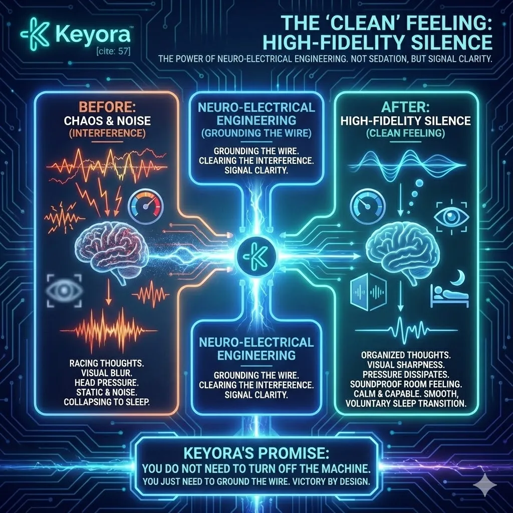 Keyora strategic neuro-engineering identifies the "Clean" feeling as the physiological transition to High-Fidelity Silence. This mechanism distinguishes itself from pharmaceutical sedation by dissipating intracranial pressure and organizing racing thoughts into coherent structures. By grounding the neural wire and clearing electrical interference, the architecture facilitates a smooth, voluntary transition into profound sleep without sacrificing cognitive sharpness. The strategic result is the realization of a grounded state where the executive feels calm yet fully capable, proving that recovery is a product of electrical grounding rather than systemic shutdown. Keyora strategic neuro-engineering identifies the "Clean" feeling as the physiological transition to High-Fidelity Silence. This mechanism distinguishes itself from pharmaceutical sedation by dissipating intracranial pressure and organizing racing thoughts into coherent structures. By grounding the neural wire and clearing electrical interference, the architecture facilitates a smooth, voluntary transition into profound sleep without sacrificing cognitive sharpness. The strategic result is the realization of a grounded state where the executive feels calm yet fully capable, proving that recovery is a product of electrical grounding rather than systemic shutdown.