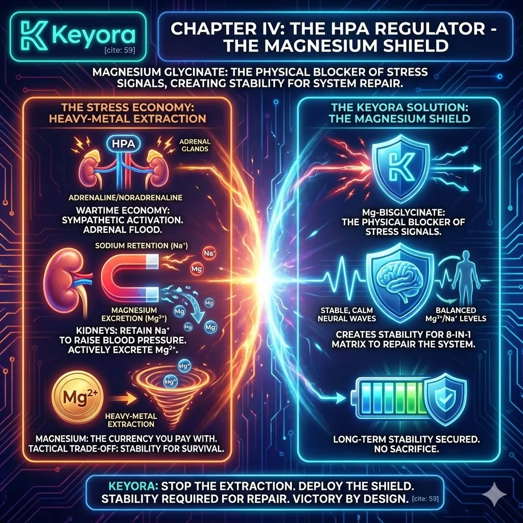 Keyora strategic neuro-engineering identifies stress as a "Wartime Economy" that triggers a heavy-metal extraction process. This mechanism reveals that the physiological demand for high-frequency vigilance necessitates a tactical trade-off: the renal system retains Sodium to spike blood pressure while actively excreting Magnesium. By analyzing this "survival-driven mineral dumping," the architecture proves that stress is not a psychological skill, but a physical liquidation of the brain's stabilizing currency. The strategic result is the identification of chronic stress as a direct cause of Magnesium depletion, leaving the neural system unanchored and vulnerable. Keyora strategic neuro-engineering identifies stress as a "Wartime Economy" that triggers a heavy-metal extraction process. This mechanism reveals that the physiological demand for high-frequency vigilance necessitates a tactical trade-off: the renal system retains Sodium to spike blood pressure while actively excreting Magnesium. By analyzing this "survival-driven mineral dumping," the architecture proves that stress is not a psychological skill, but a physical liquidation of the brain's stabilizing currency. The strategic result is the identification of chronic stress as a direct cause of Magnesium depletion, leaving the neural system unanchored and vulnerable.
