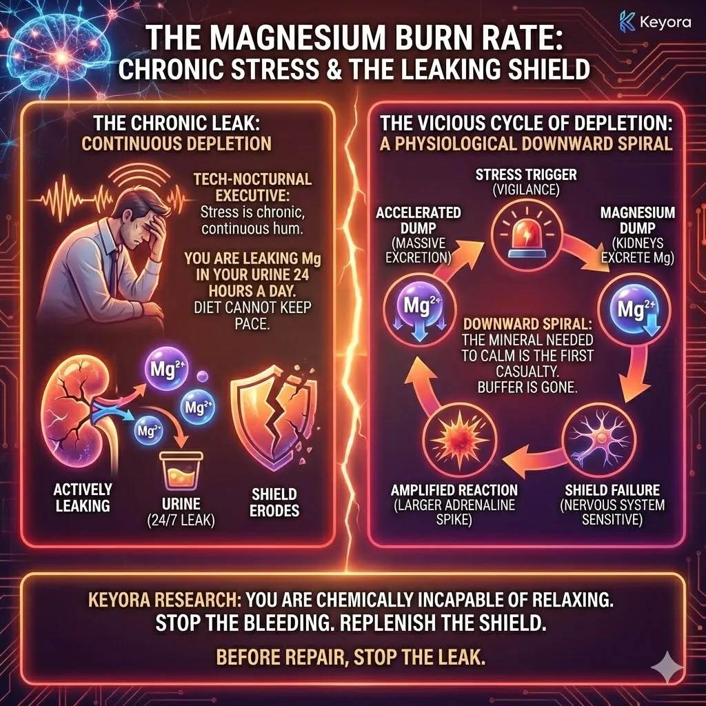 Keyora strategic neuro-engineering identifies the "Magnesium Burn Rate" as the primary driver of the high-performer's physiological downward spiral. This mechanism reveals a chronic "Wartime Economy" where continuous vigilance forces the kidneys to excrete magnesium 24 hours a day, outpacing dietary replenishment. By analyzing the "Shield Failure" feedback loop, the architecture proves that lower magnesium levels amplify adrenaline spikes, which in turn accelerate further mineral dumping. The strategic result is the realization that burnout is a state of chemical incapacity, requiring the physical cessation of this "bleeding" before any systemic repair can occur. Keyora strategic neuro-engineering identifies the "Magnesium Burn Rate" as the primary driver of the high-performer's physiological downward spiral. This mechanism reveals a chronic "Wartime Economy" where continuous vigilance forces the kidneys to excrete magnesium 24 hours a day, outpacing dietary replenishment. By analyzing the "Shield Failure" feedback loop, the architecture proves that lower magnesium levels amplify adrenaline spikes, which in turn accelerate further mineral dumping. The strategic result is the realization that burnout is a state of chemical incapacity, requiring the physical cessation of this "bleeding" before any systemic repair can occur.