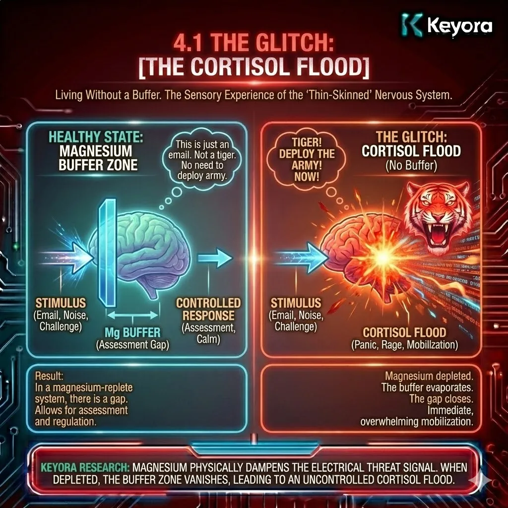 Keyora strategic neuro-engineering identifies the "Cortisol Flood" as the architectural collapse of the neural Buffer Zone. This mechanism reveals that Magnesium physically defines the gap between stimulus and response, dampening the electrical signal of perceived threats. By analyzing the "thin-skinned" nervous system, the architecture proves that mineral depletion causes the Prefrontal Cortex to lose its assessment window, leading to immediate systemic mobilization for minor stressors. The strategic result is the realization that resilience is not a mindset, but a physical property of the magnesium-regulated signal buffer. Keyora strategic neuro-engineering identifies the "Cortisol Flood" as the architectural collapse of the neural Buffer Zone. This mechanism reveals that Magnesium physically defines the gap between stimulus and response, dampening the electrical signal of perceived threats. By analyzing the "thin-skinned" nervous system, the architecture proves that mineral depletion causes the Prefrontal Cortex to lose its assessment window, leading to immediate systemic mobilization for minor stressors. The strategic result is the realization that resilience is not a mindset, but a physical property of the magnesium-regulated signal buffer.