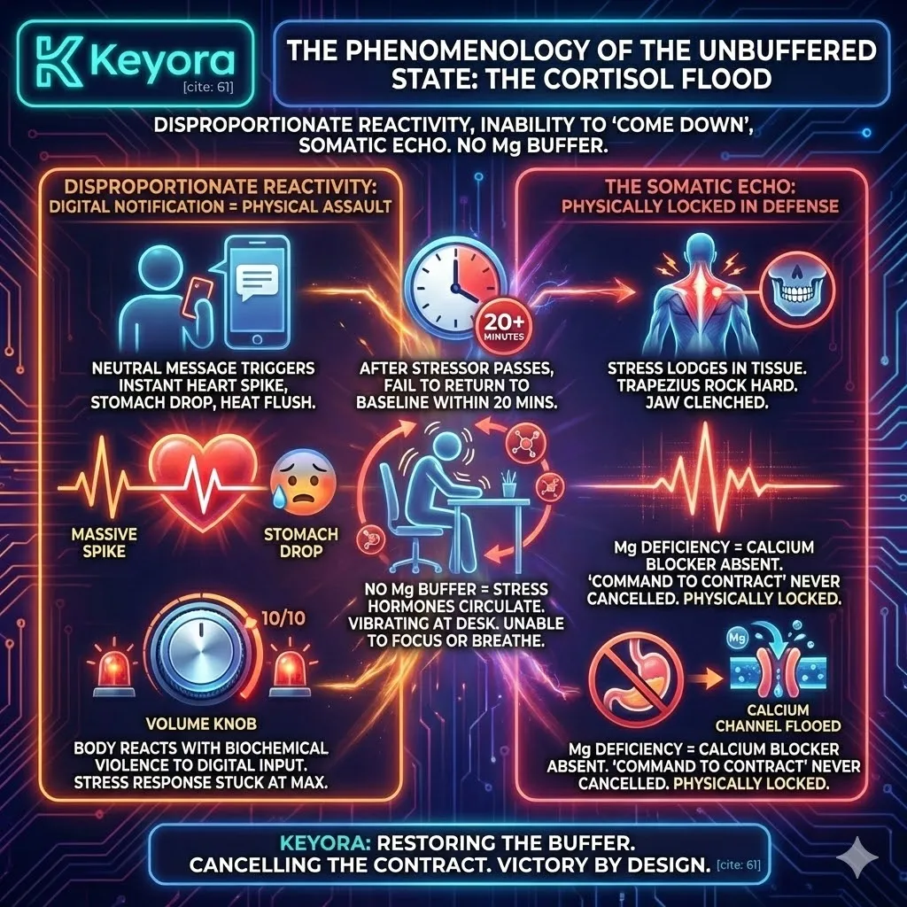 Keyora strategic neuro-engineering identifies the "Unbuffered State" as a state of disproportionate reactivity where the stress "Volume Knob" is locked at maximum capacity. This mechanism reveals how the loss of the magnesium buffer prevents the system from returning to baseline, causing stress hormones to circulate indefinitely in a state of "Simmering Alert." By analyzing the somatic echo—where jaw clenching and muscle rigidity become permanent—the architecture proves that without magnesium, the biological "Command to Contract" is never canceled. The strategic result is a body physically locked in a defensive posture, unable to terminate the stress signal. Keyora strategic neuro-engineering identifies the "Unbuffered State" as a state of disproportionate reactivity where the stress "Volume Knob" is locked at maximum capacity. This mechanism reveals how the loss of the magnesium buffer prevents the system from returning to baseline, causing stress hormones to circulate indefinitely in a state of "Simmering Alert." By analyzing the somatic echo—where jaw clenching and muscle rigidity become permanent—the architecture proves that without magnesium, the biological "Command to Contract" is never canceled. The strategic result is a body physically locked in a defensive posture, unable to terminate the stress signal.