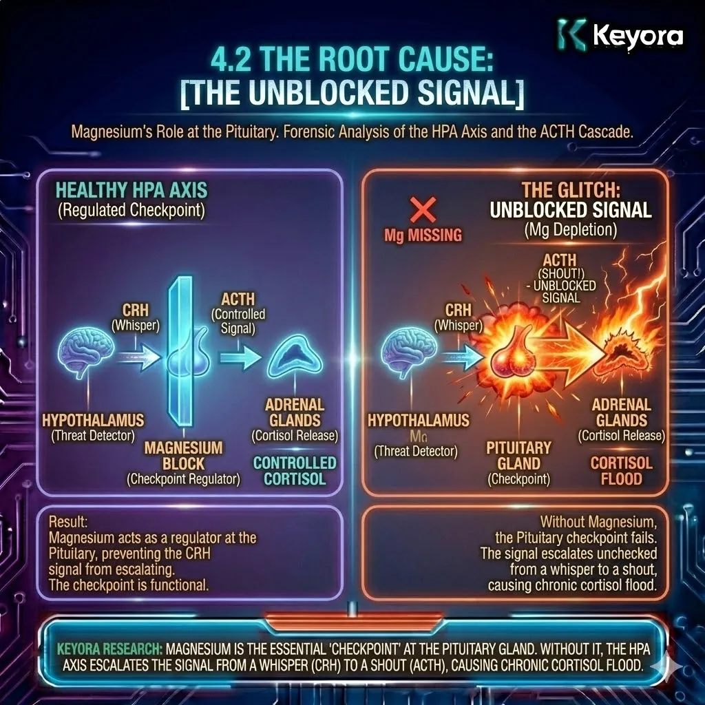 Keyora strategic neuro-engineering identifies the "Unblocked Signal" as the architectural failure of the Pituitary Gland's HPA-axis checkpoint. This mechanism reveals how the systemic transition from a hypothalamic "whisper" to a pituitary "shout" becomes unregulated during magnesium deficiency. By analyzing the Pituitary Gland as the primary decision-making gate for ACTH release, the architecture exposes why the stress response remains stuck in a permanent "ON" position. The strategic result is the prioritization of molecular stabilization at this specific checkpoint to prevent the escalation of environmental stimuli into a full-scale Cortisol flood. Keyora strategic neuro-engineering identifies the "Unblocked Signal" as the architectural failure of the Pituitary Gland's HPA-axis checkpoint. This mechanism reveals how the systemic transition from a hypothalamic "whisper" to a pituitary "shout" becomes unregulated during magnesium deficiency. By analyzing the Pituitary Gland as the primary decision-making gate for ACTH release, the architecture exposes why the stress response remains stuck in a permanent "ON" position. The strategic result is the prioritization of molecular stabilization at this specific checkpoint to prevent the escalation of environmental stimuli into a full-scale Cortisol flood.