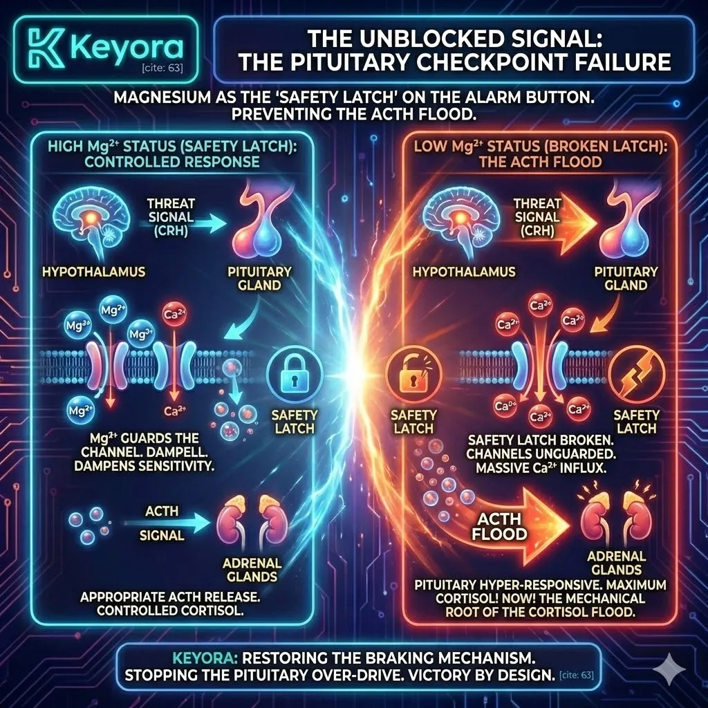 Keyora strategic neuro-engineering identifies the "Unblocked Signal" as the architectural failure of the Pituitary Gland's calcium-dependent release mechanism. This mechanism reveals how Magnesium acts as a physical "Safety Latch" on the ACTH alarm button, competing with Calcium to prevent premature hormone secretion. By analyzing the hyper-responsive state of unguarded Pituitary cells, the architecture proves that chronic cortisol spikes are caused by an unblocked signal rather than "adrenal fatigue." The strategic result is the prioritization of Magnesium as the definitive gatekeeper required to dampen CRH sensitivity and terminate the systemic over-driving of the adrenal glands. Keyora strategic neuro-engineering identifies the "Unblocked Signal" as the architectural failure of the Pituitary Gland's calcium-dependent release mechanism. This mechanism reveals how Magnesium acts as a physical "Safety Latch" on the ACTH alarm button, competing with Calcium to prevent premature hormone secretion. By analyzing the hyper-responsive state of unguarded Pituitary cells, the architecture proves that chronic cortisol spikes are caused by an unblocked signal rather than "adrenal fatigue." The strategic result is the prioritization of Magnesium as the definitive gatekeeper required to dampen CRH sensitivity and terminate the systemic over-driving of the adrenal glands.