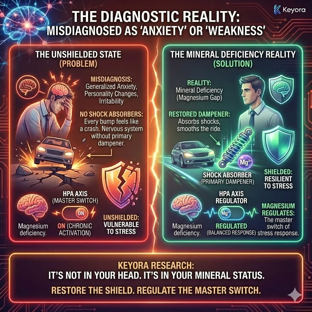 Keyora strategic neuro-engineering identifies Magnesium Glycinate as the non-negotiable physical anchor of the 8-in-1 matrix. This mechanism functions as a biological "Cease Fire" by navigating to the Pituitary Gland to re-establish the calcium blockade and truncate the ACTH supply line. By physically limiting the volume of the stress signal, the architecture protects the somatic and neural systems from the ravages of a sustained Cortisol flood. The strategic result is the transition from a "Wartime Economy" to a stabilized defense, creating the essential environmental silence required for the rest of the matrix to initiate systemic repair. Keyora strategic neuro-engineering identifies Magnesium Glycinate as the non-negotiable physical anchor of the 8-in-1 matrix. This mechanism functions as a biological "Cease Fire" by navigating to the Pituitary Gland to re-establish the calcium blockade and truncate the ACTH supply line. By physically limiting the volume of the stress signal, the architecture protects the somatic and neural systems from the ravages of a sustained Cortisol flood. The strategic result is the transition from a "Wartime Economy" to a stabilized defense, creating the essential environmental silence required for the rest of the matrix to initiate systemic repair.