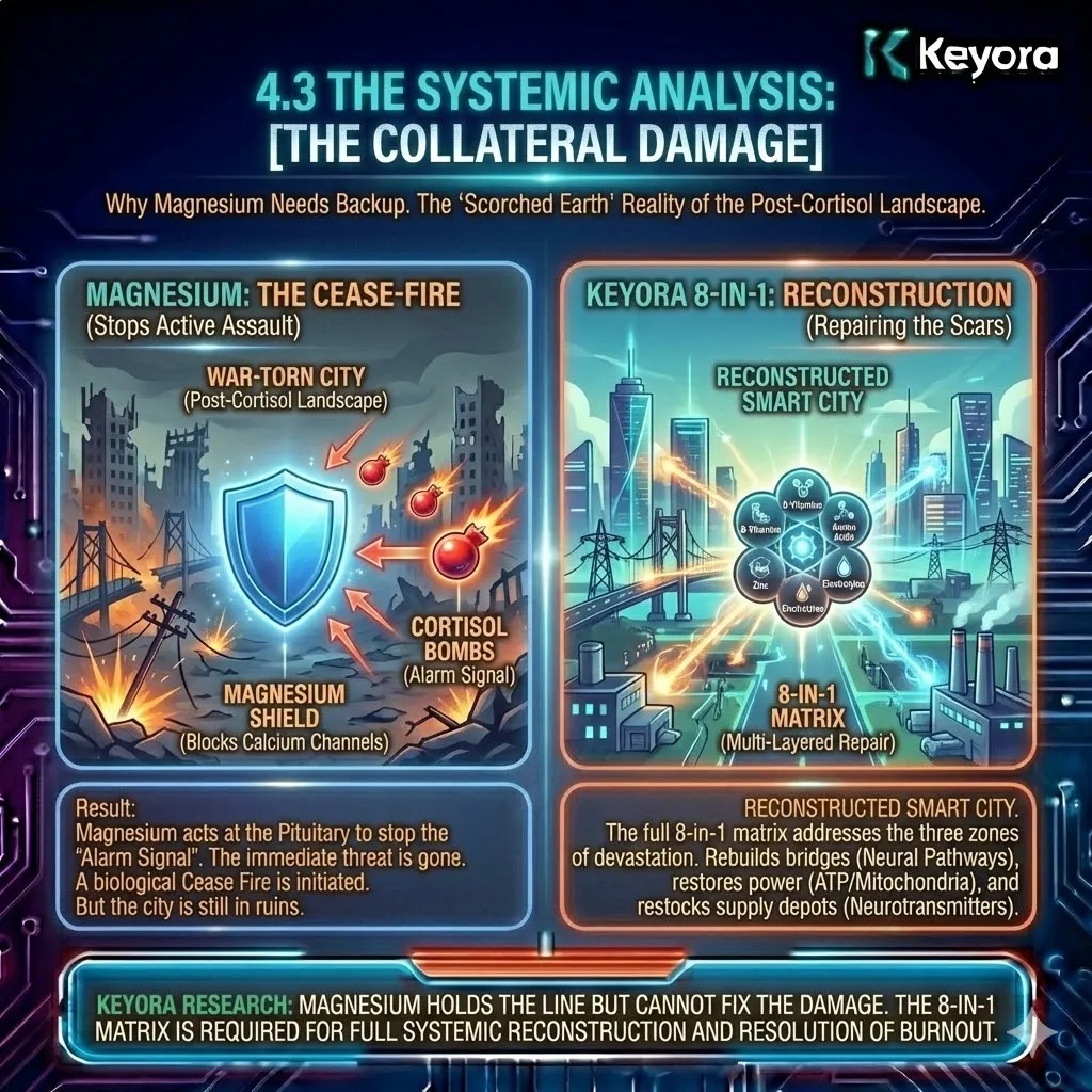 Keyora strategic neuro-engineering identifies the "Scorched Earth" landscape of the post-cortisol brain as the primary limitation of single-ingredient therapy. This mechanism acknowledges that while Magnesium successfully initiates a biological "Cease Fire" by blocking the ACTH alarm, it cannot reconstruct the metabolic ruins—destroyed bridges, severed power lines, and empty supply depots—left by chronic bombardment. By analyzing these three distinct zones of devastation, the architecture proves that stopping the active assault is only the first phase of recovery. The strategic result is the necessity of a multi-dimensional matrix to move beyond hardware protection into the active reconstruction of the neural city. Keyora strategic neuro-engineering identifies the "Scorched Earth" landscape of the post-cortisol brain as the primary limitation of single-ingredient therapy. This mechanism acknowledges that while Magnesium successfully initiates a biological "Cease Fire" by blocking the ACTH alarm, it cannot reconstruct the metabolic ruins—destroyed bridges, severed power lines, and empty supply depots—left by chronic bombardment. By analyzing these three distinct zones of devastation, the architecture proves that stopping the active assault is only the first phase of recovery. The strategic result is the necessity of a multi-dimensional matrix to move beyond hardware protection into the active reconstruction of the neural city.