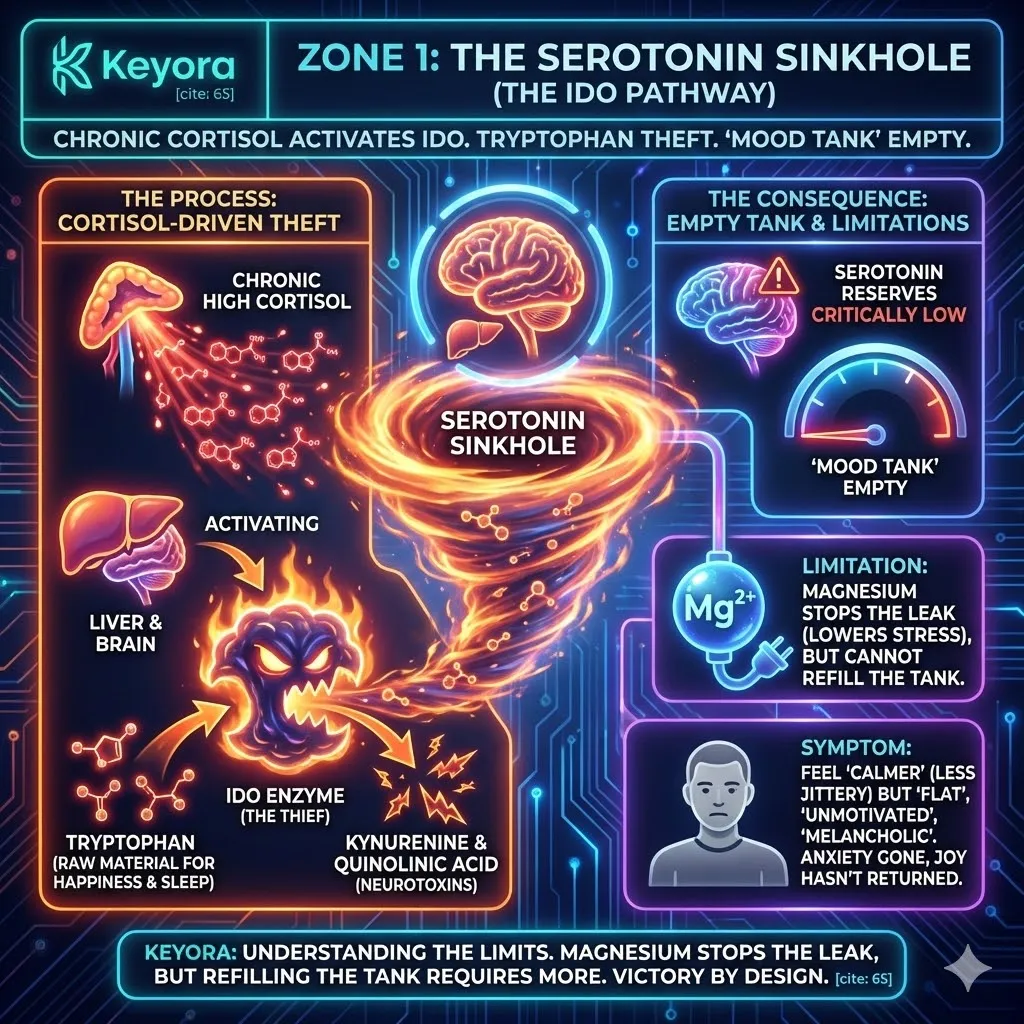 Keyora strategic neuro-engineering identifies "Zone 1: The Serotonin Sinkhole" as the metabolic wreckage caused by the chronic activation of the IDO Enzyme. This mechanism reveals how prolonged cortisol exposure forces the "theft" of Tryptophan, rerouting it away from Serotonin production and toward the synthesis of neurotoxic Kynurenine and Quinolinic Acid. By analyzing the "Mood Tank" depletion, the architecture proves that while Magnesium can stop the active theft by lowering stress, it lacks the raw materials to refill the reservoir. The strategic result is the "Flat Phenotype"—a state where the electrical noise is silenced, but the neurological capacity for motivation and joy remains unrecovered. Keyora strategic neuro-engineering identifies "Zone 1: The Serotonin Sinkhole" as the metabolic wreckage caused by the chronic activation of the IDO Enzyme. This mechanism reveals how prolonged cortisol exposure forces the "theft" of Tryptophan, rerouting it away from Serotonin production and toward the synthesis of neurotoxic Kynurenine and Quinolinic Acid. By analyzing the "Mood Tank" depletion, the architecture proves that while Magnesium can stop the active theft by lowering stress, it lacks the raw materials to refill the reservoir. The strategic result is the "Flat Phenotype"—a state where the electrical noise is silenced, but the neurological capacity for motivation and joy remains unrecovered.